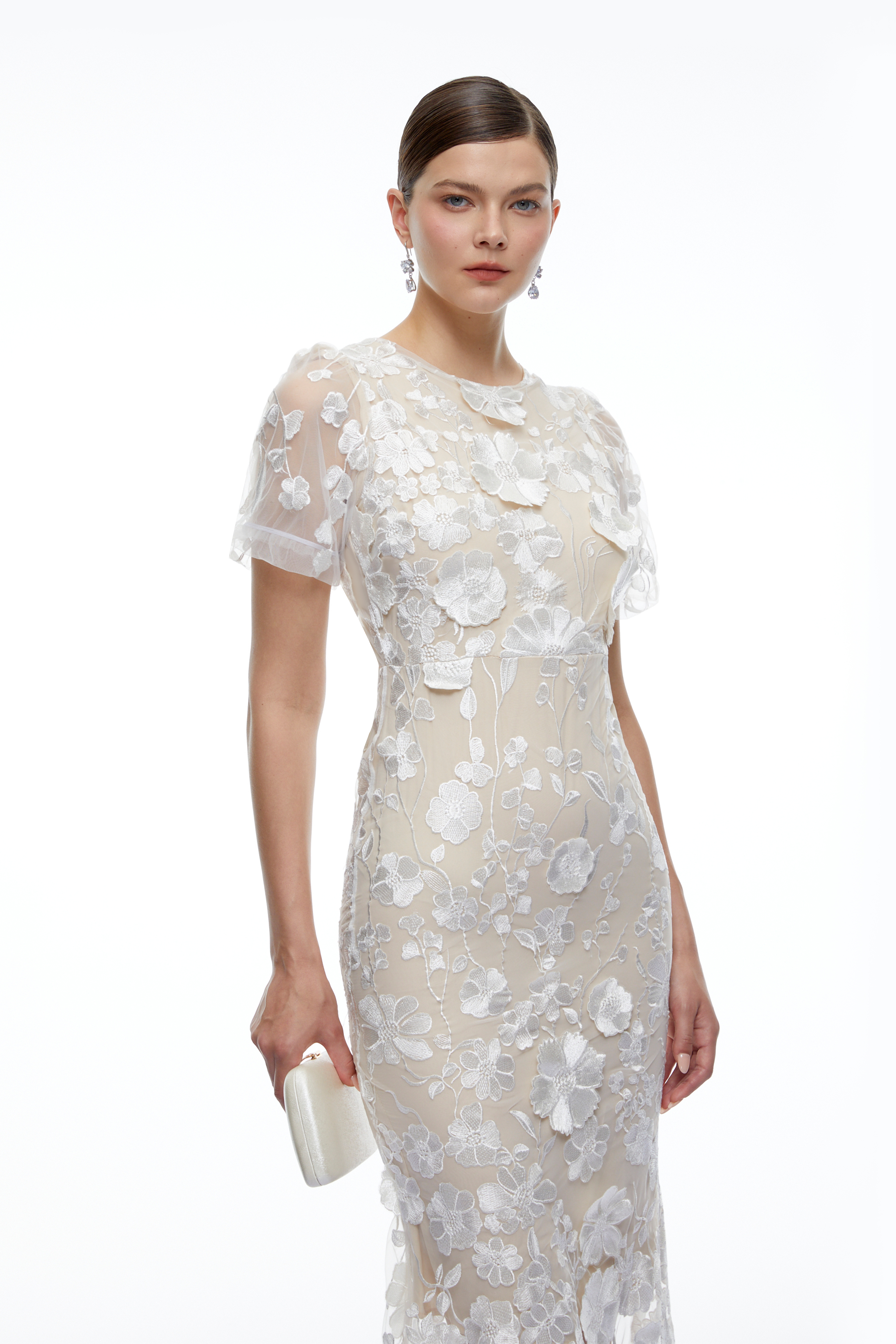 Soraya Neutral 3D Floral Lace Short Sleeve Midi Dress