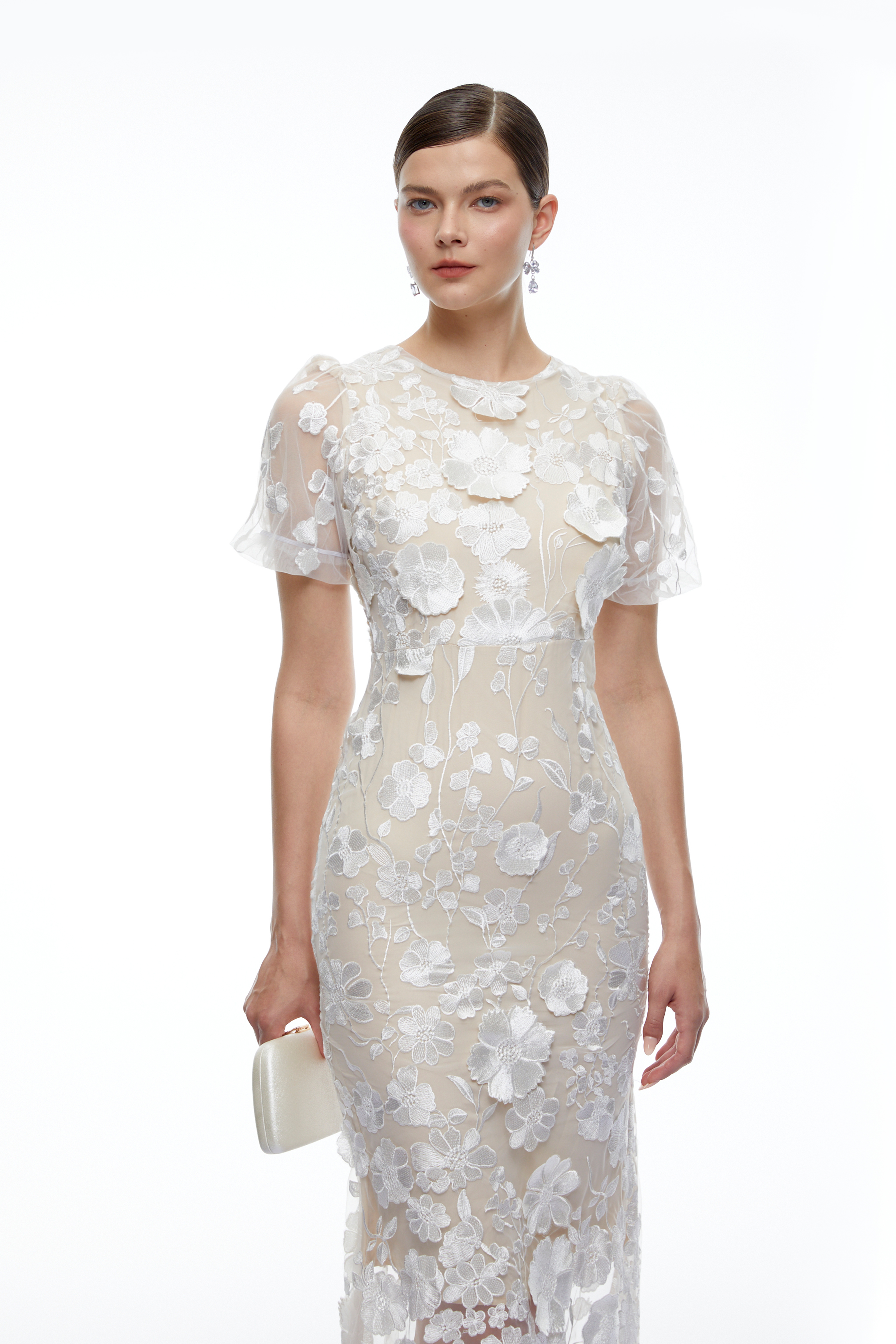 Soraya Neutral 3D Floral Lace Short Sleeve Midi Dress