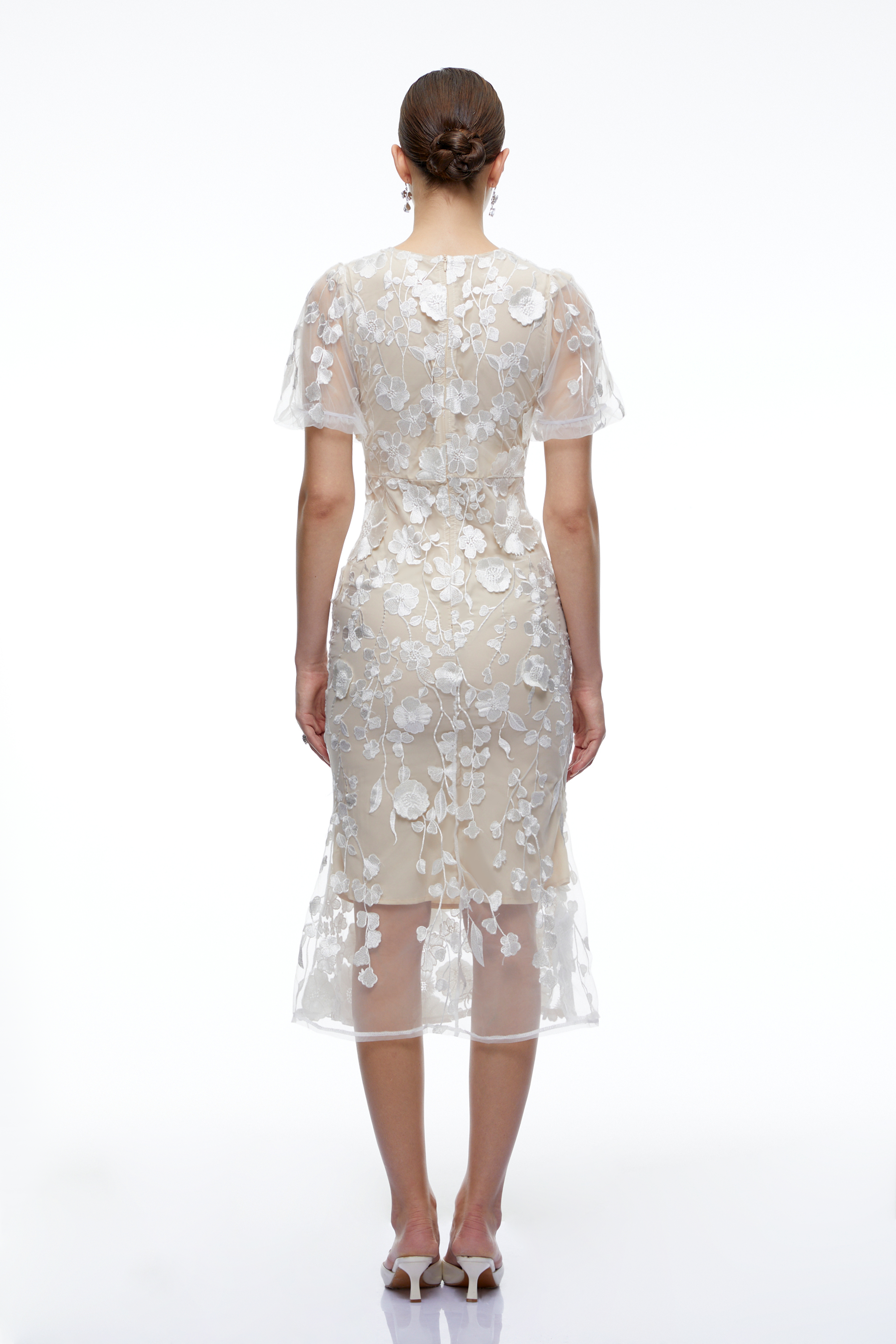 Soraya Neutral 3D Floral Lace Short Sleeve Midi Dress