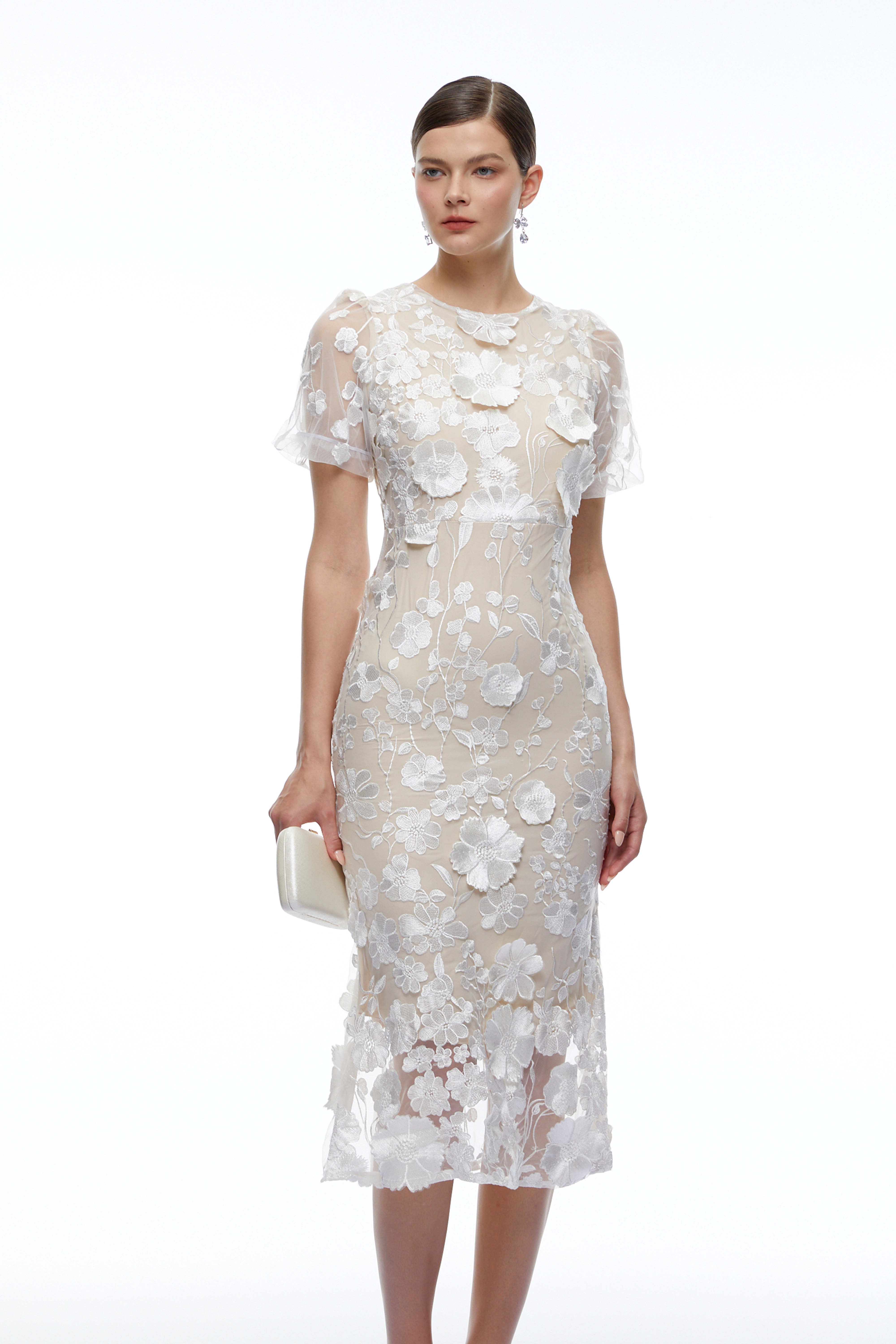 Soraya Neutral 3D Floral Lace Short Sleeve Midi Dress