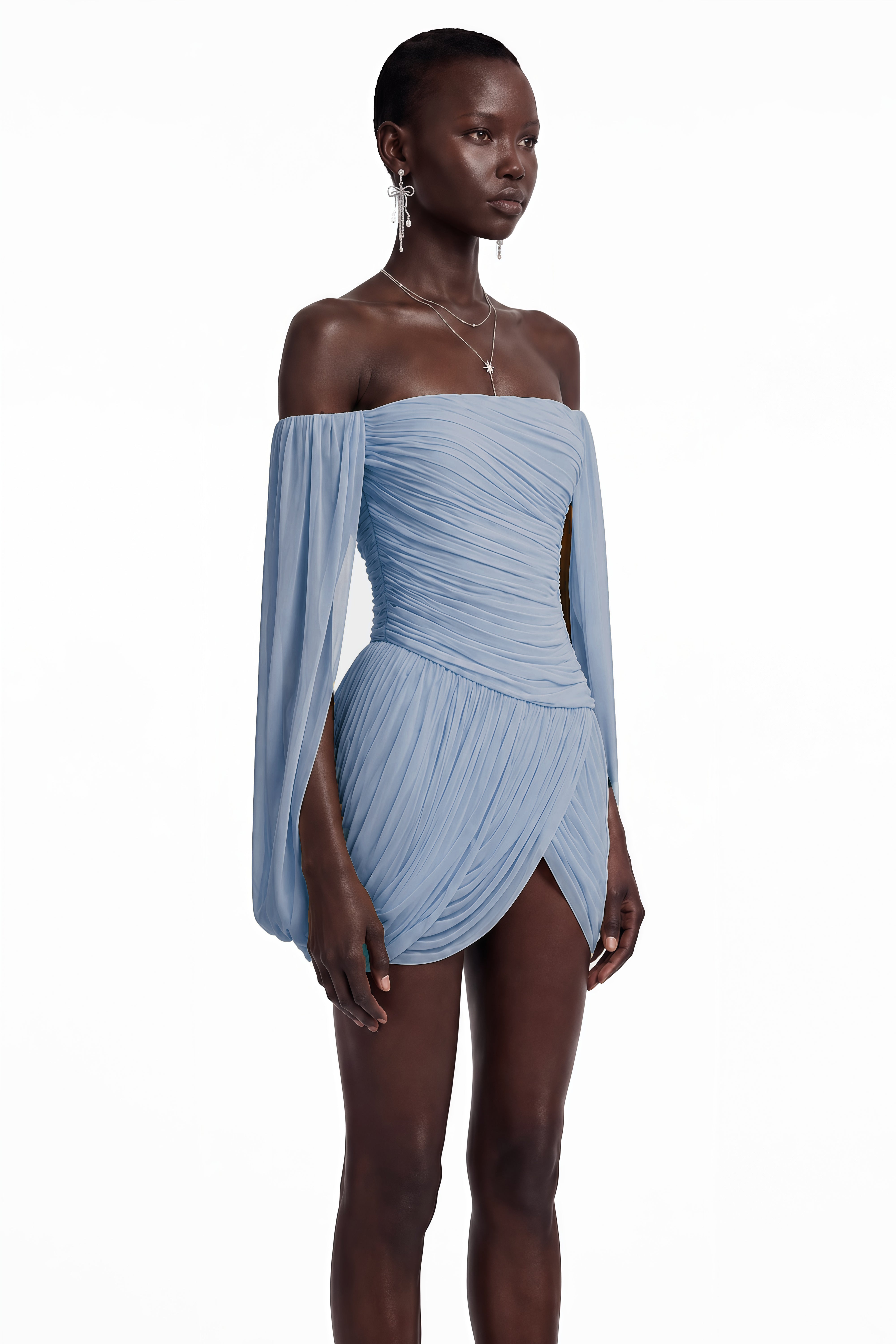 Light blue off-the-shoulder ruched mini dress with a draped crossover hem