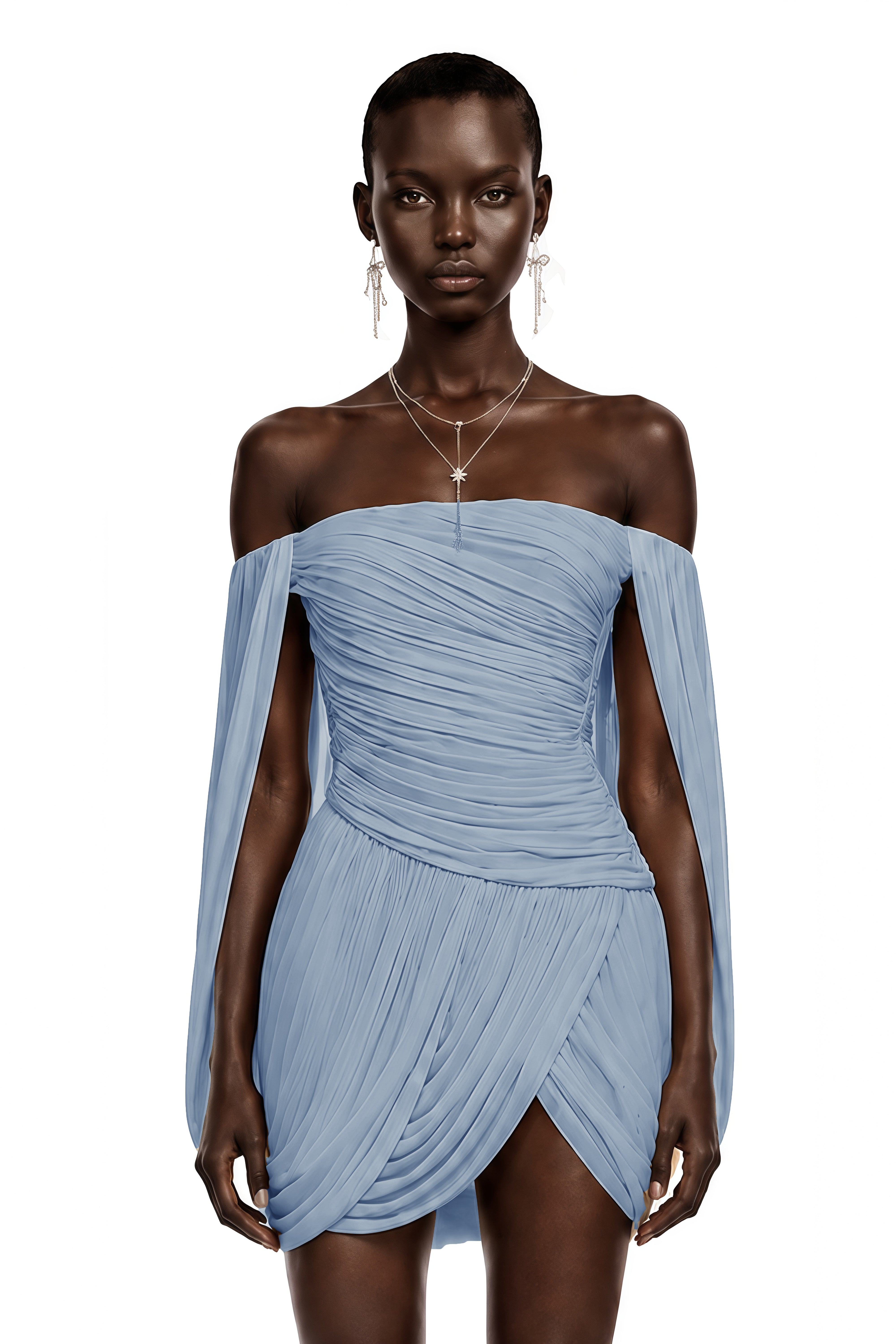 Light blue off-the-shoulder ruched mini dress with a draped crossover hem