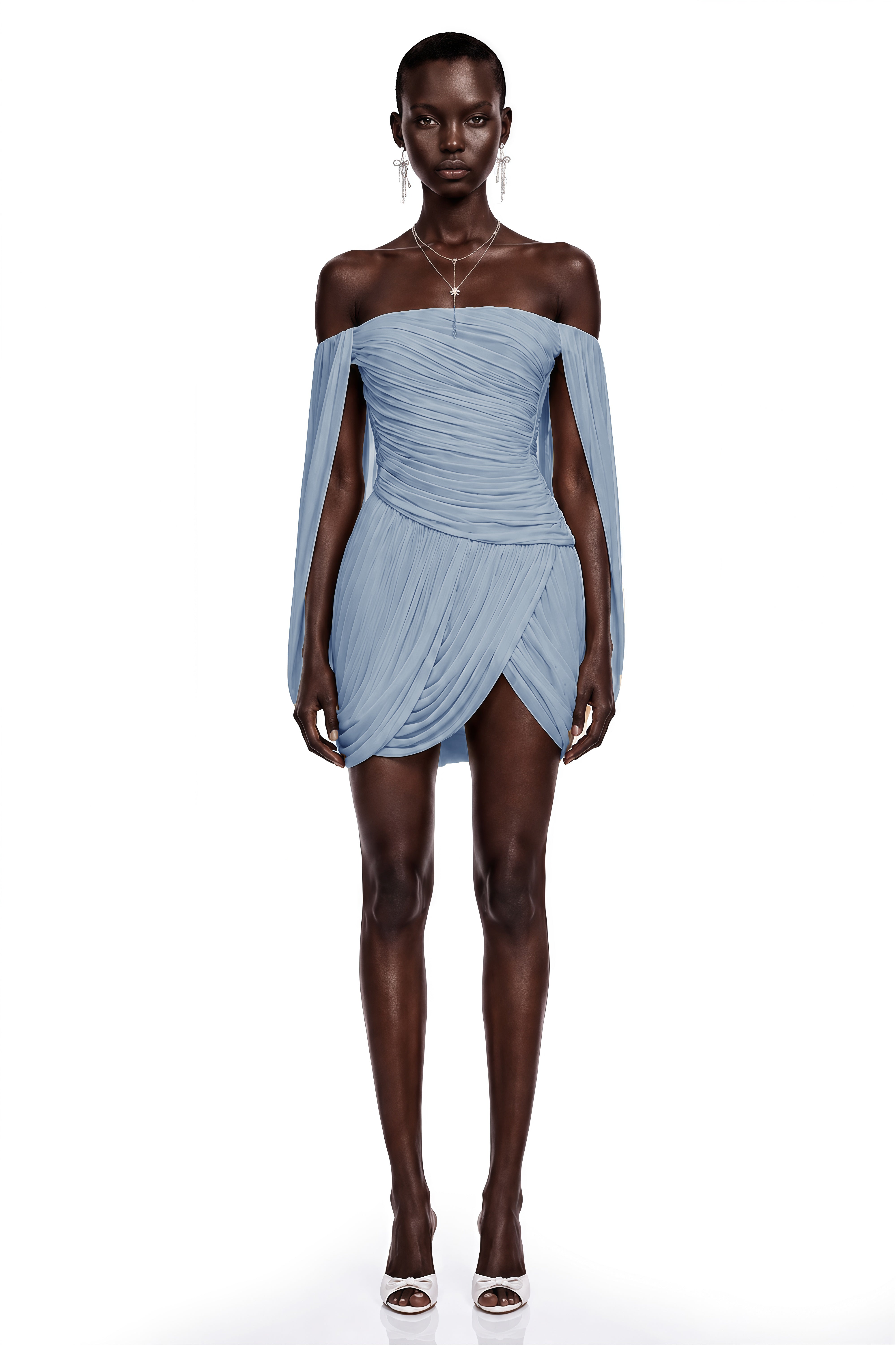 Light blue off-the-shoulder ruched mini dress with a draped crossover hem