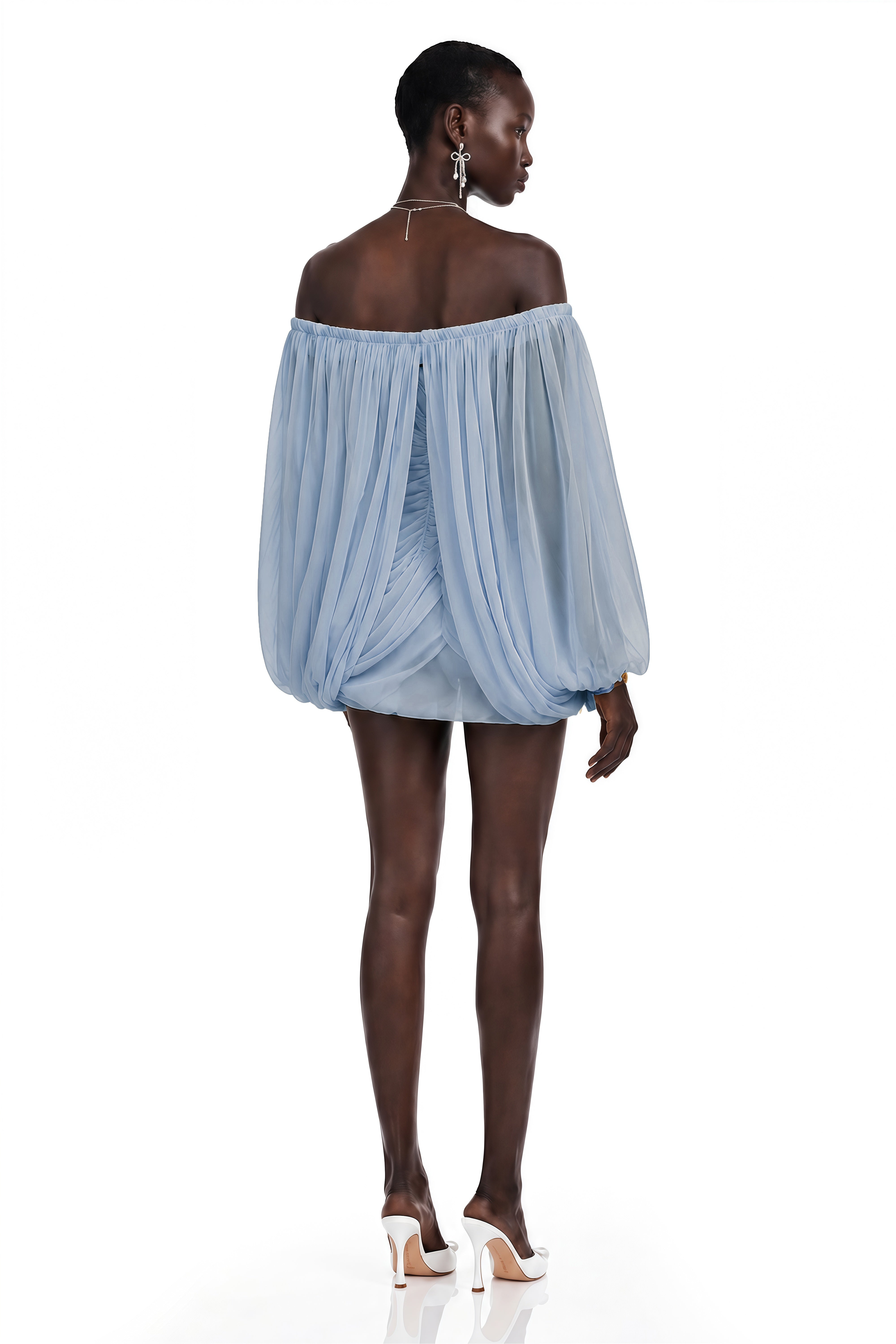 Light blue off-the-shoulder ruched mini dress with a draped crossover hem