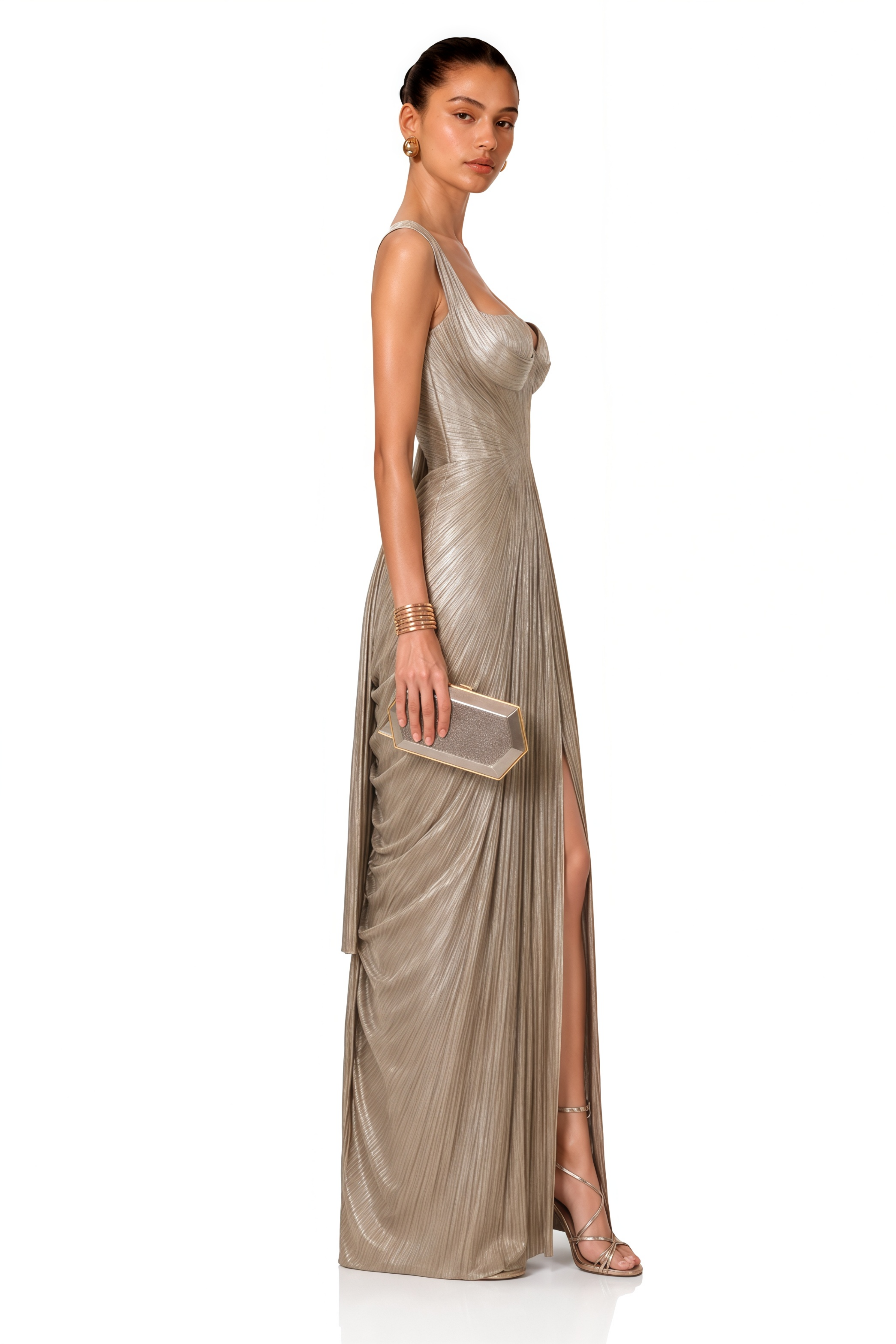 Sutton Champagne Sweetheart Neckline Pleated Maxi Dress