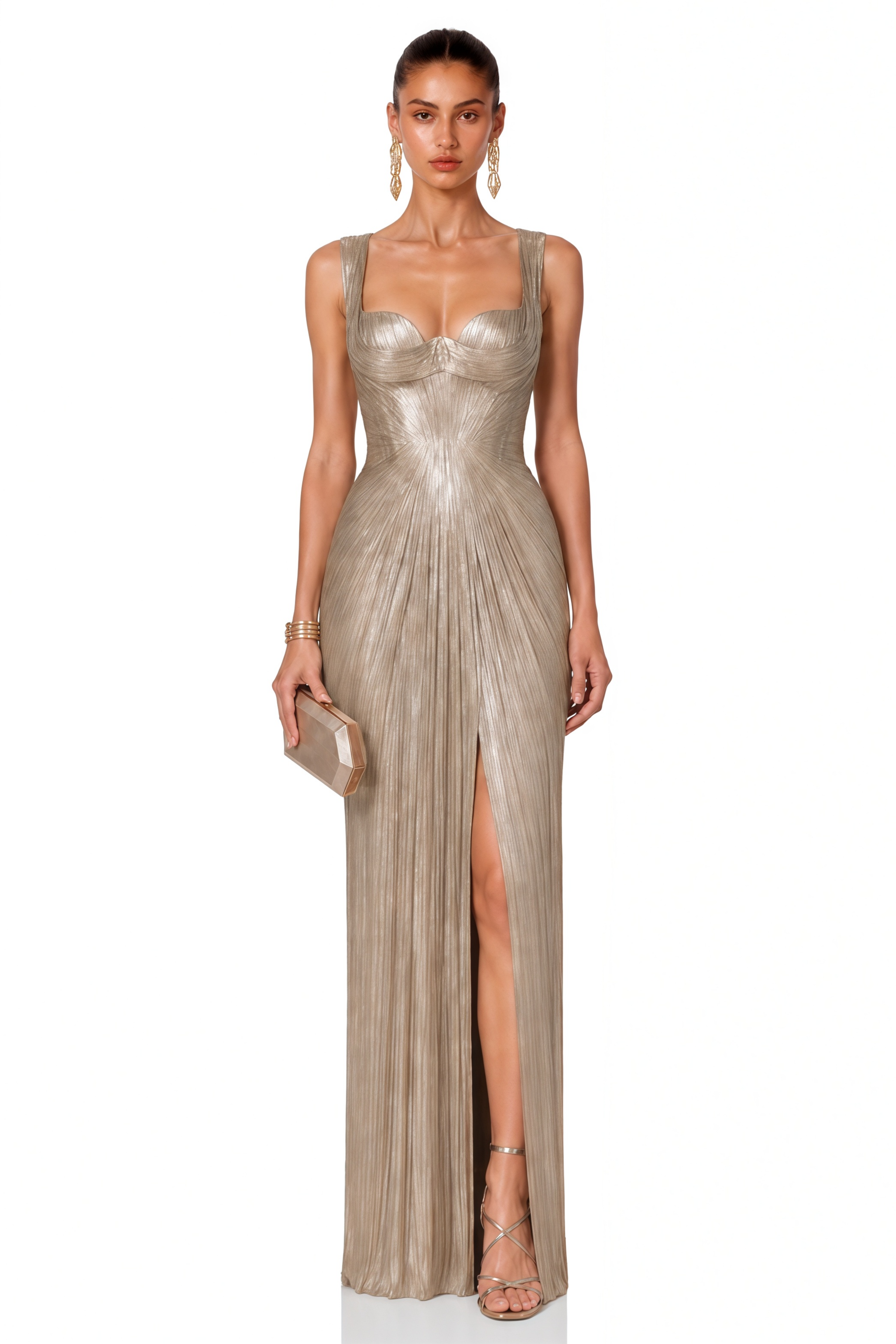 Sutton Champagne Sweetheart Neckline Pleated Maxi Dress