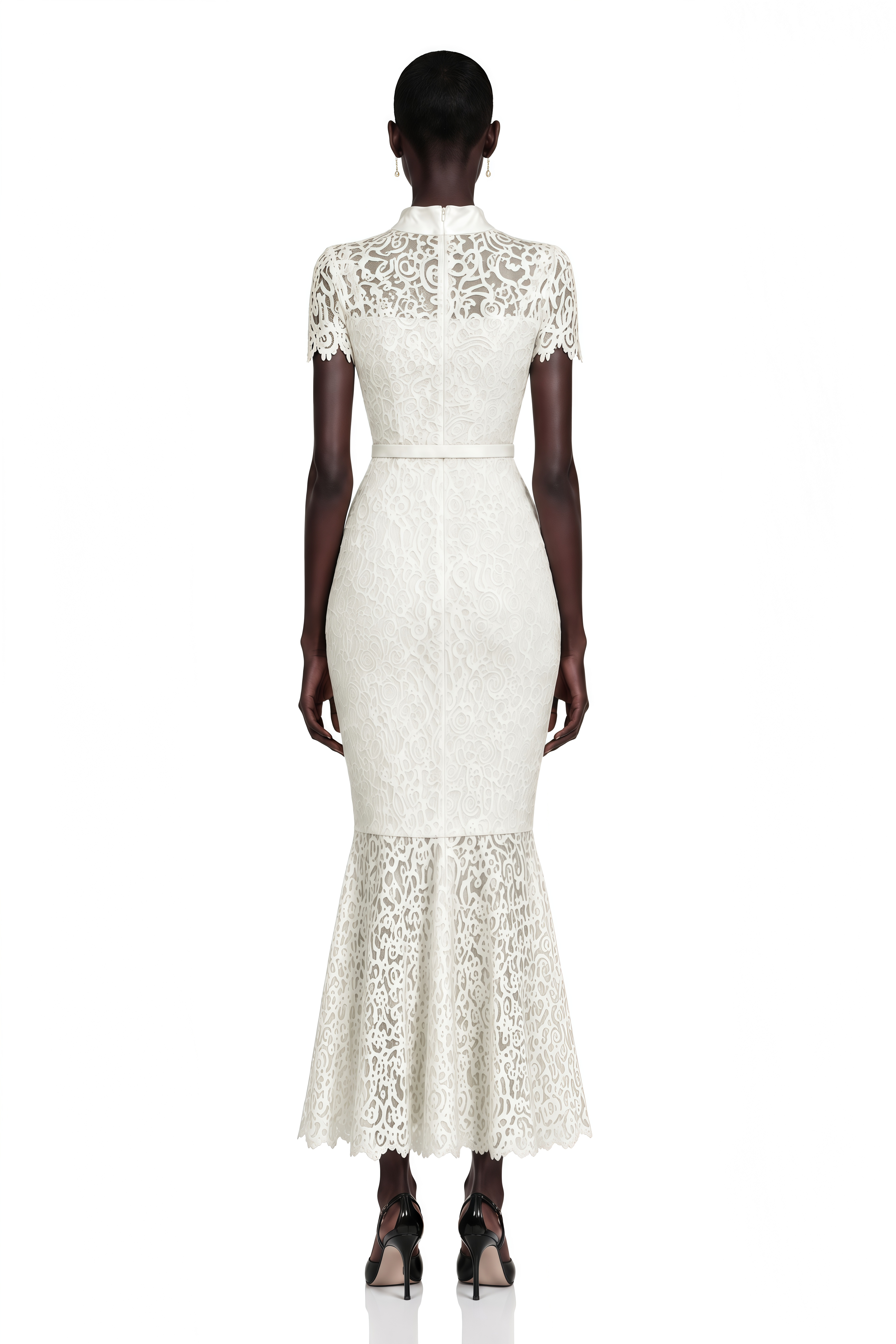 Suzanne Ivory Mock Neck Floral Lace Mermaid Maxi Dress