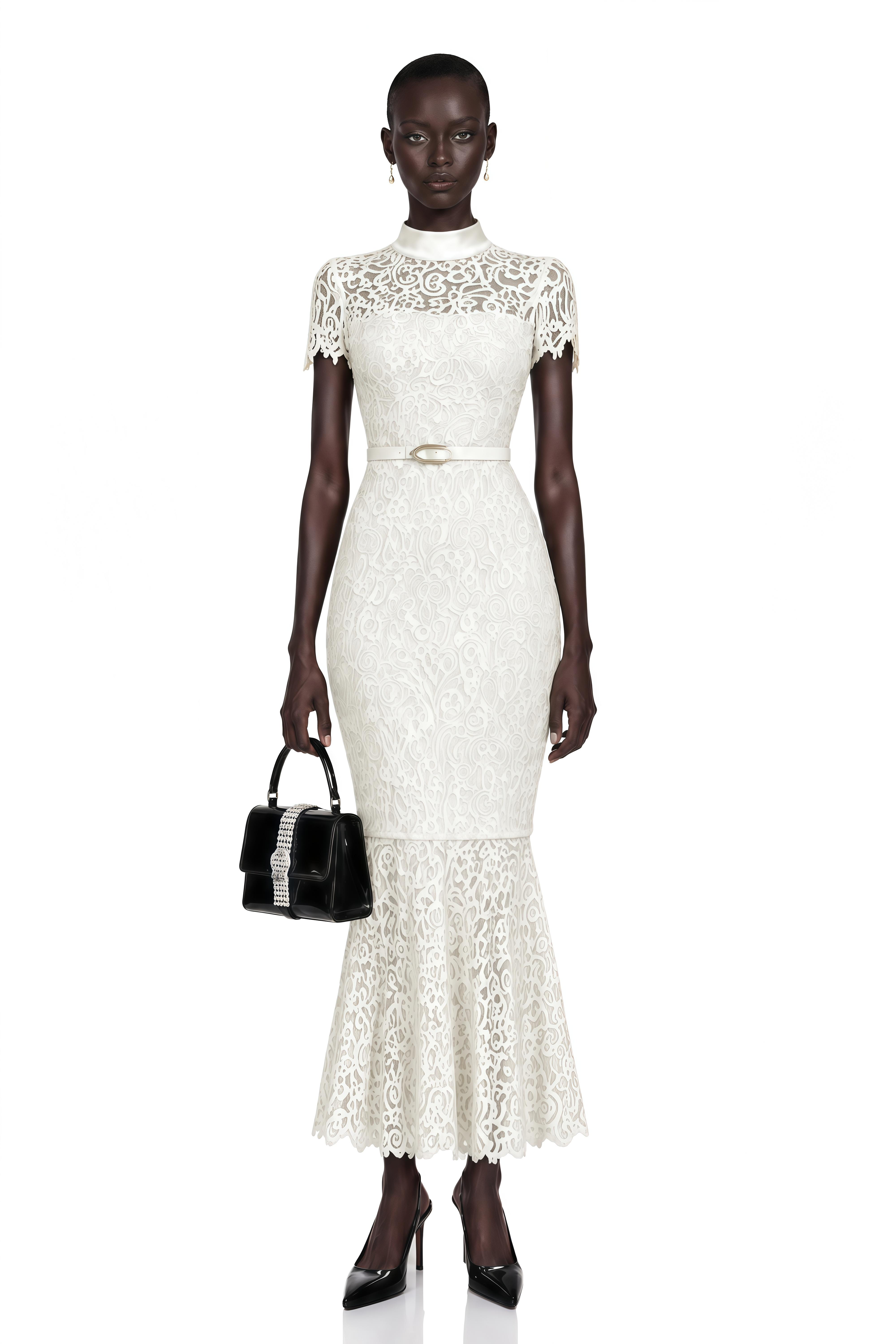 Suzanne Ivory Mock Neck Floral Lace Mermaid Maxi Dress