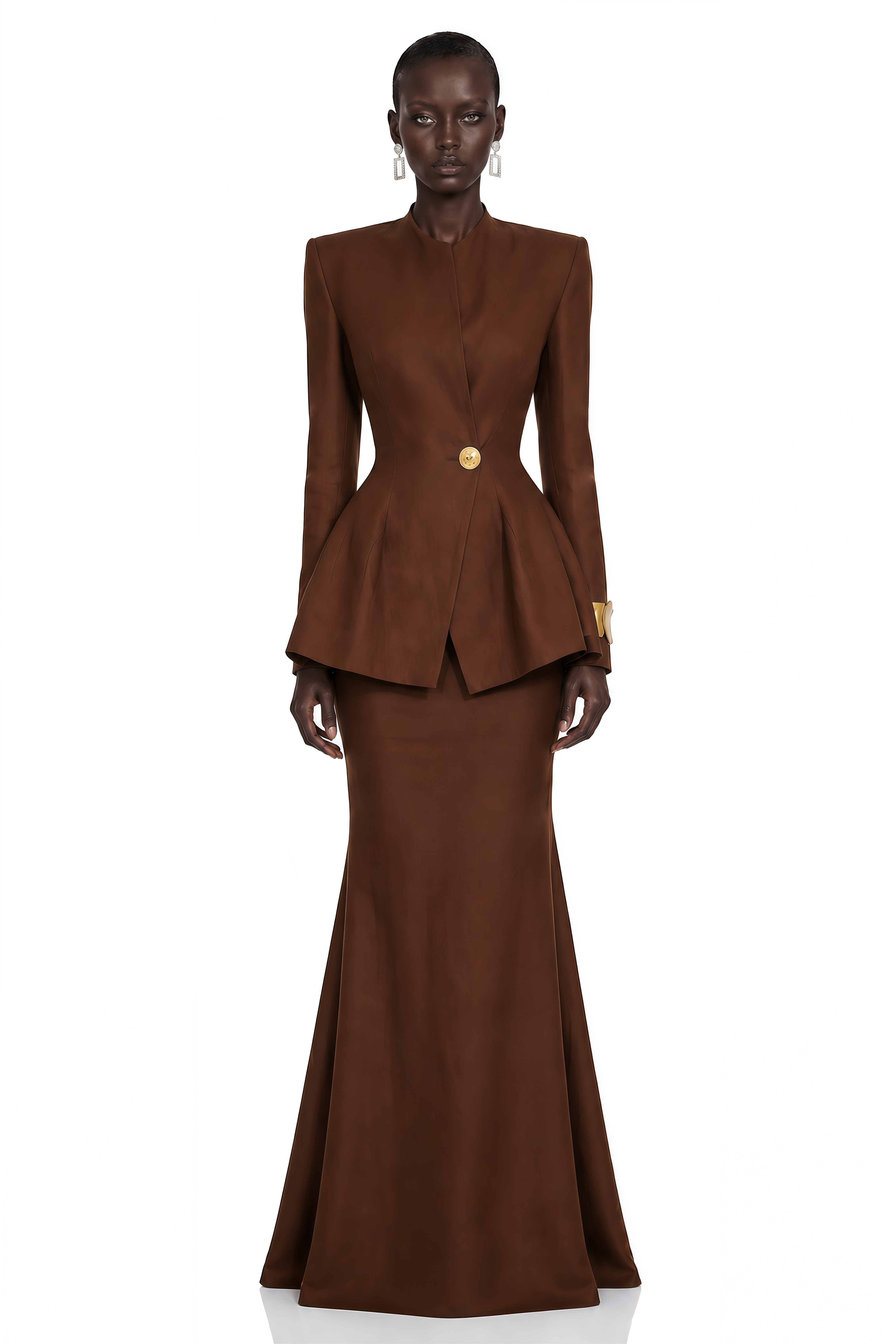 Sybil Brown Tailored Blazer Top & Maxi Skirt Set