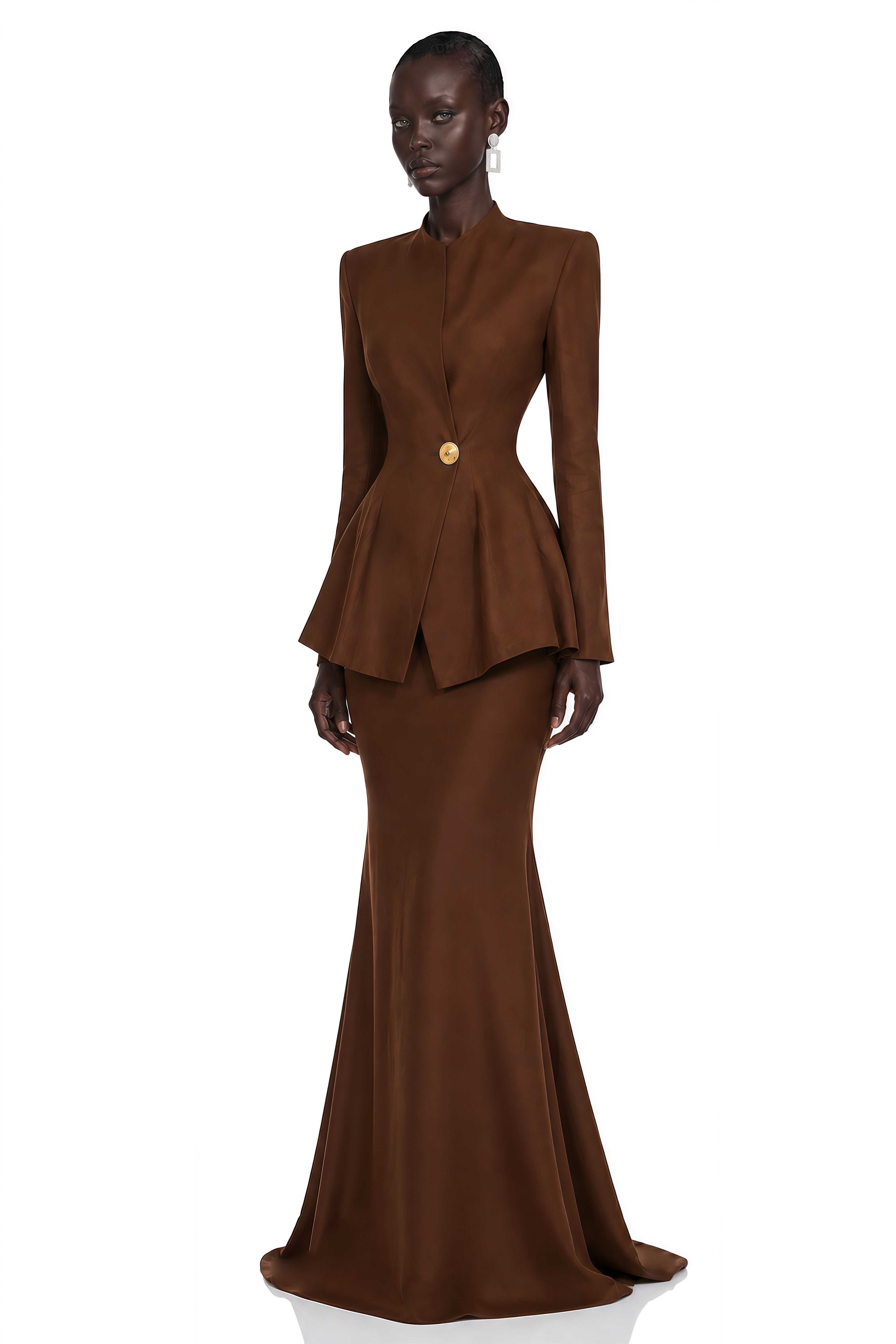 Sybil Brown Tailored Blazer Top & Maxi Skirt Set