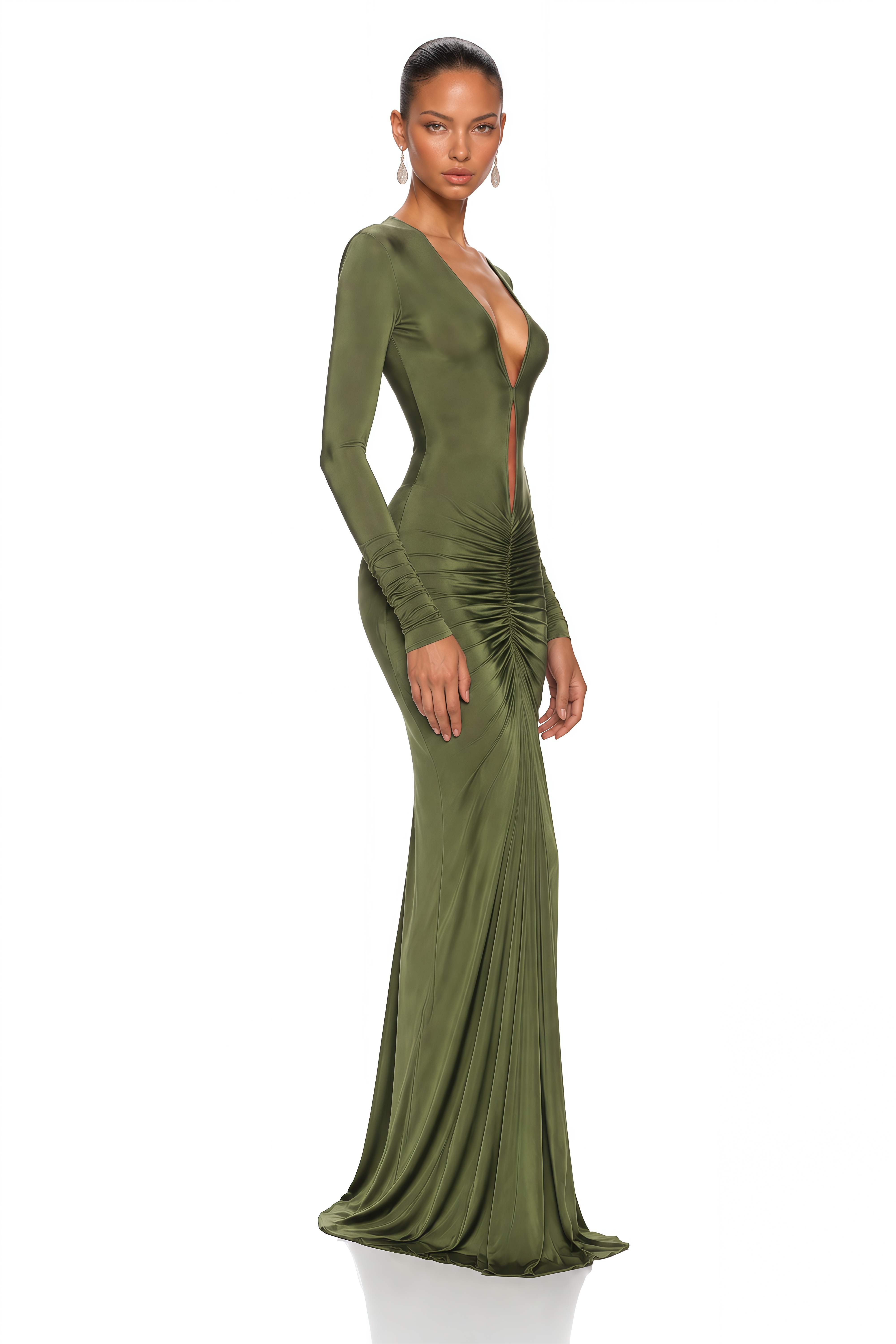 Syeda Olive Green Plunge Cut-Out Ruched Maxi Dress