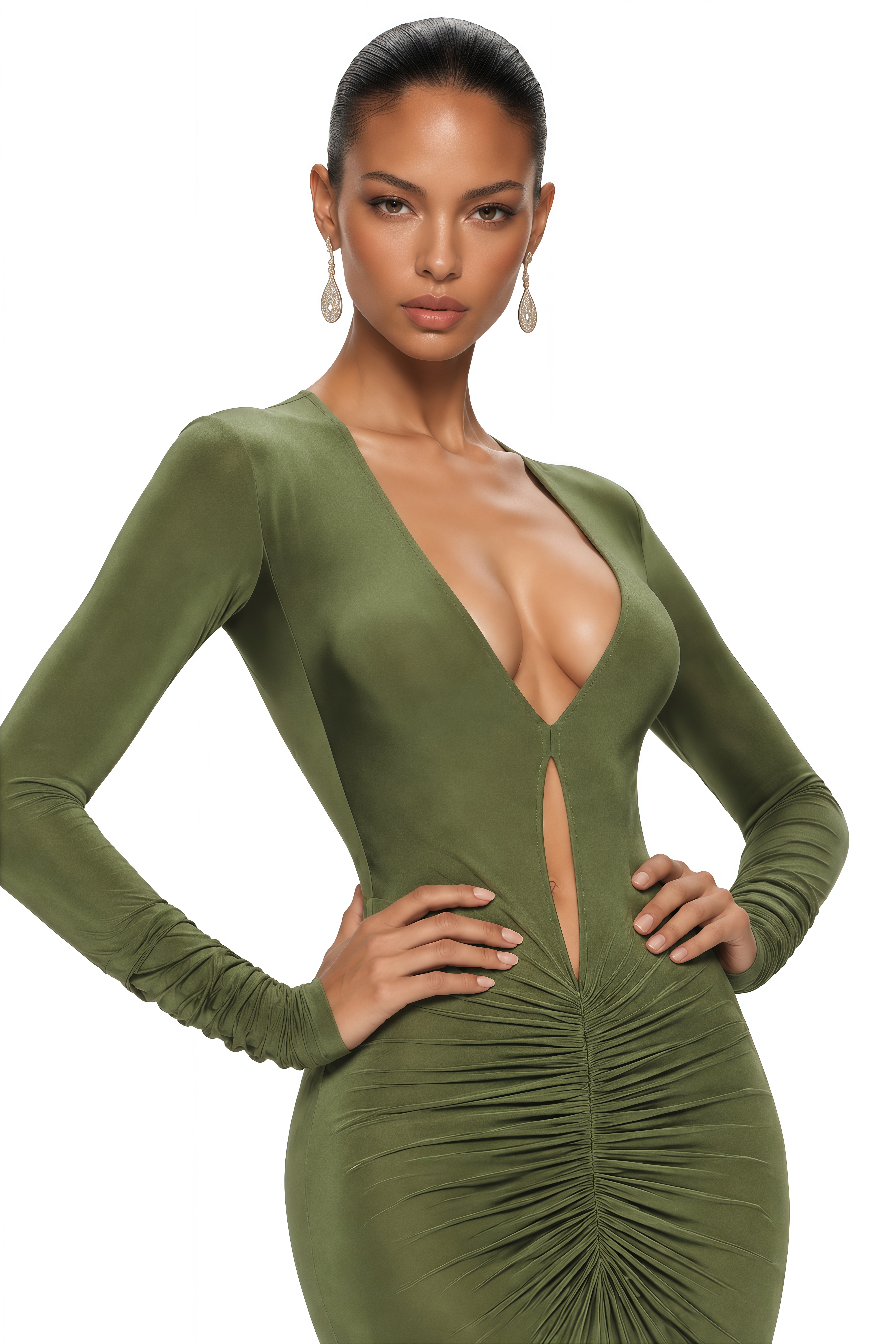 Syeda Olive Green Plunge Cut-Out Ruched Maxi Dress