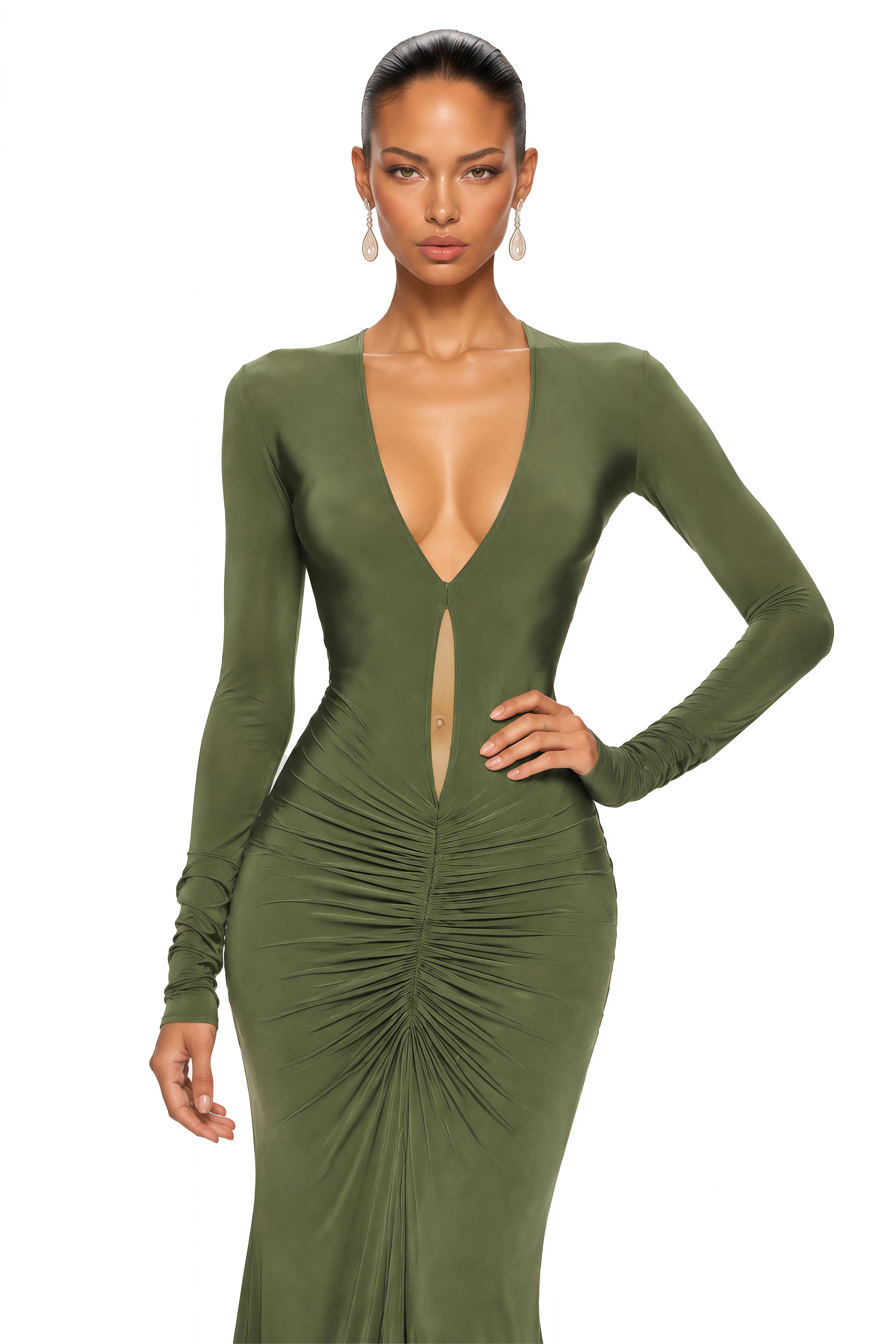Syeda Olive Green Plunge Cut-Out Ruched Maxi Dress