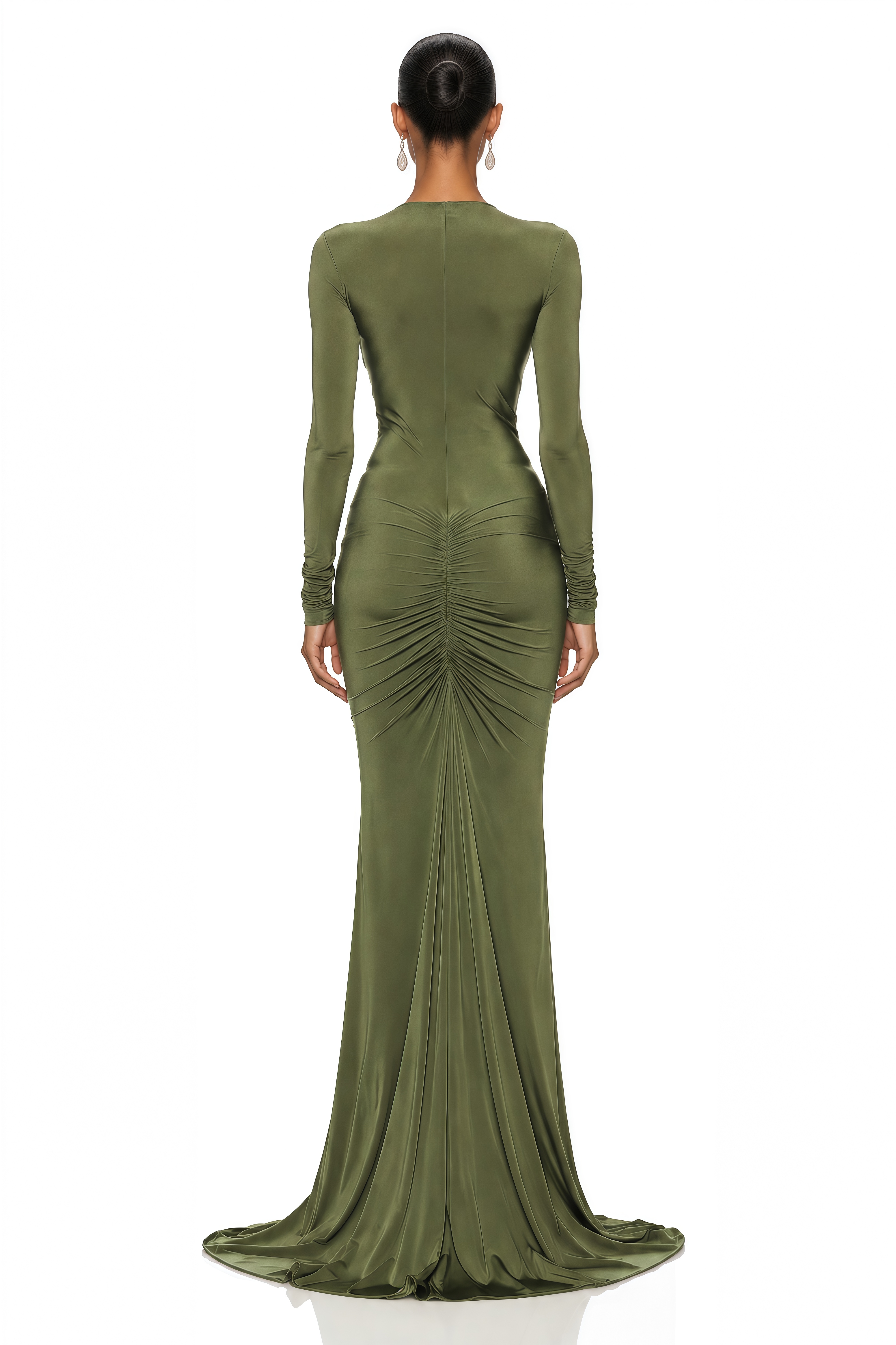 Syeda Olive Green Plunge Cut-Out Ruched Maxi Dress