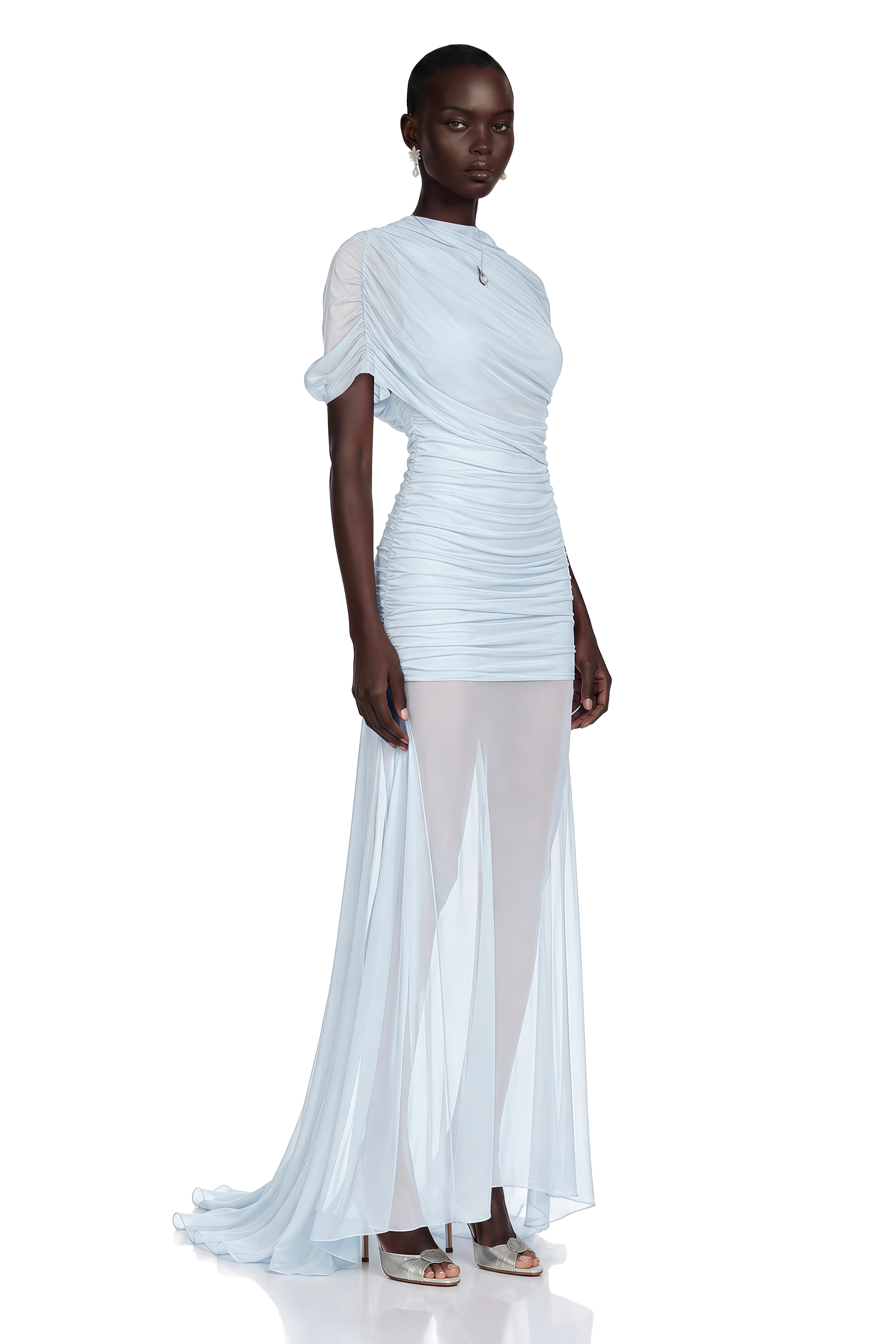 blue ruched mesh dress Sylphe Asymmetrical Maxi Color:M-Cabernet