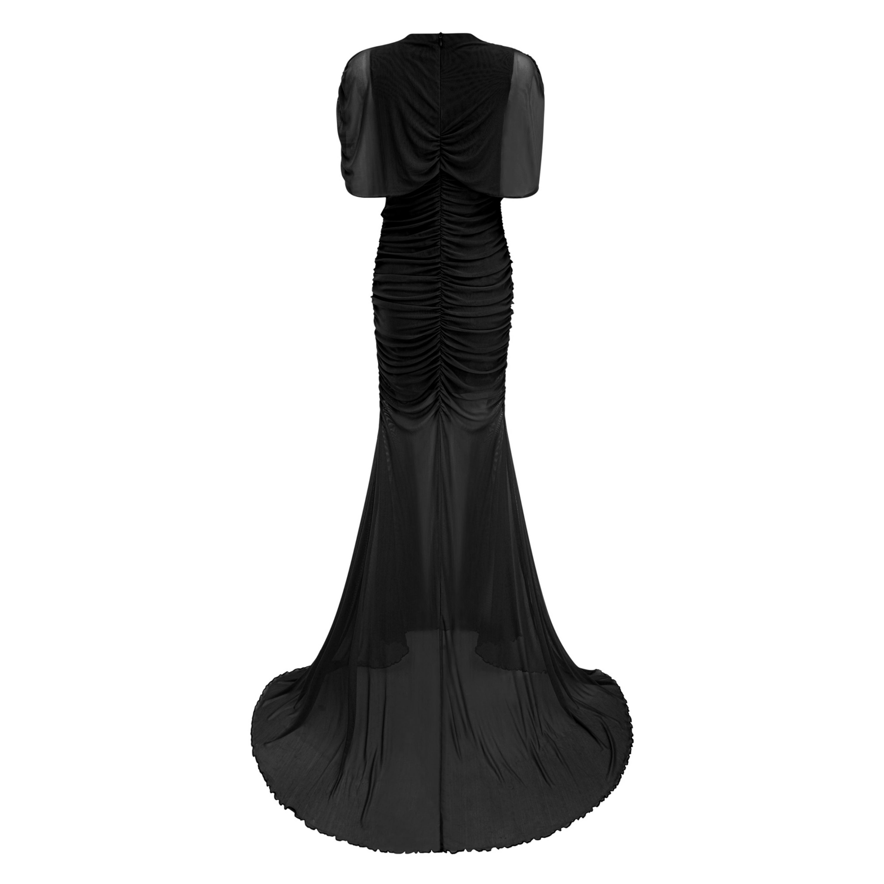 Asymmetrical Ruched Gown in Black Mesh