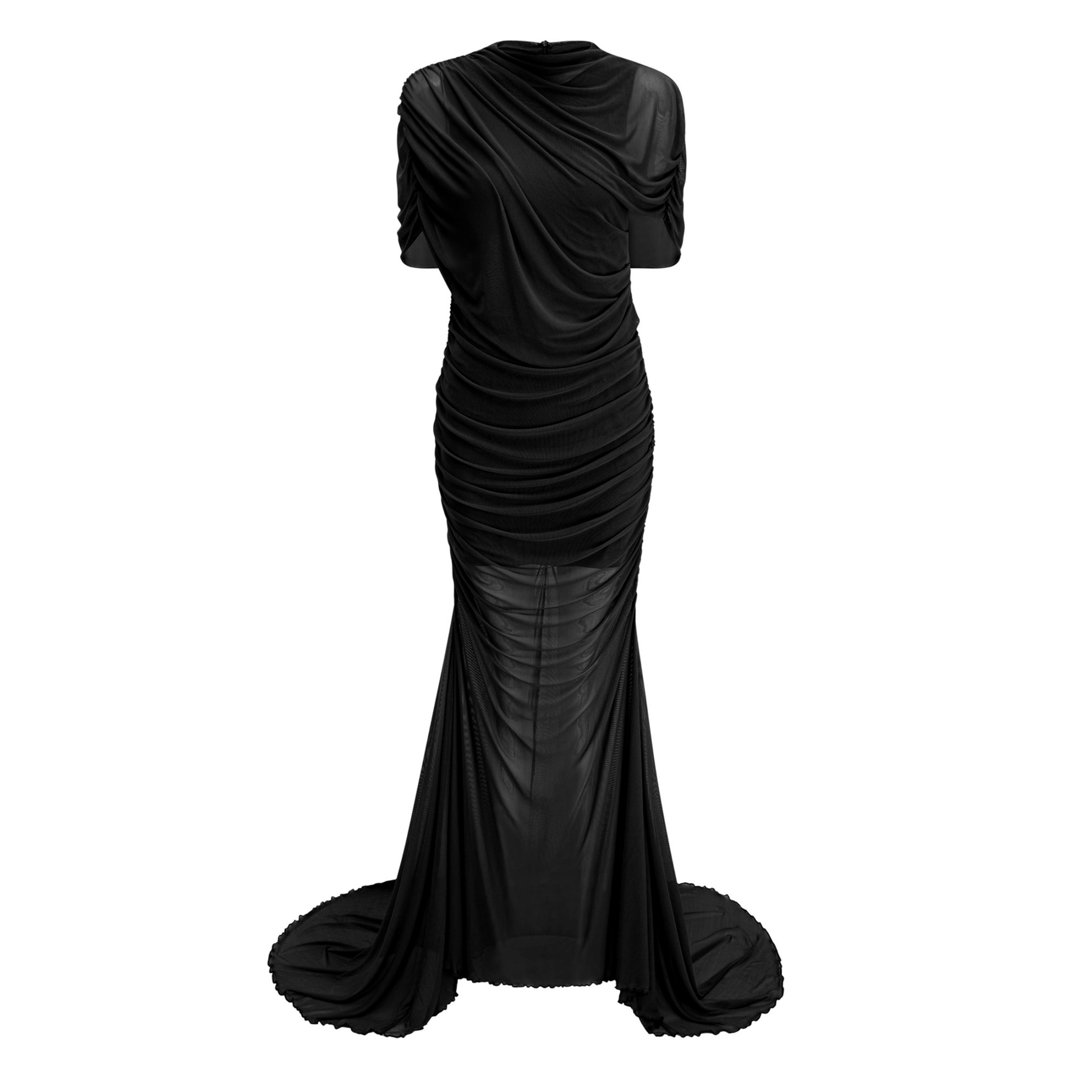 Asymmetrical Ruched Gown in Black Mesh