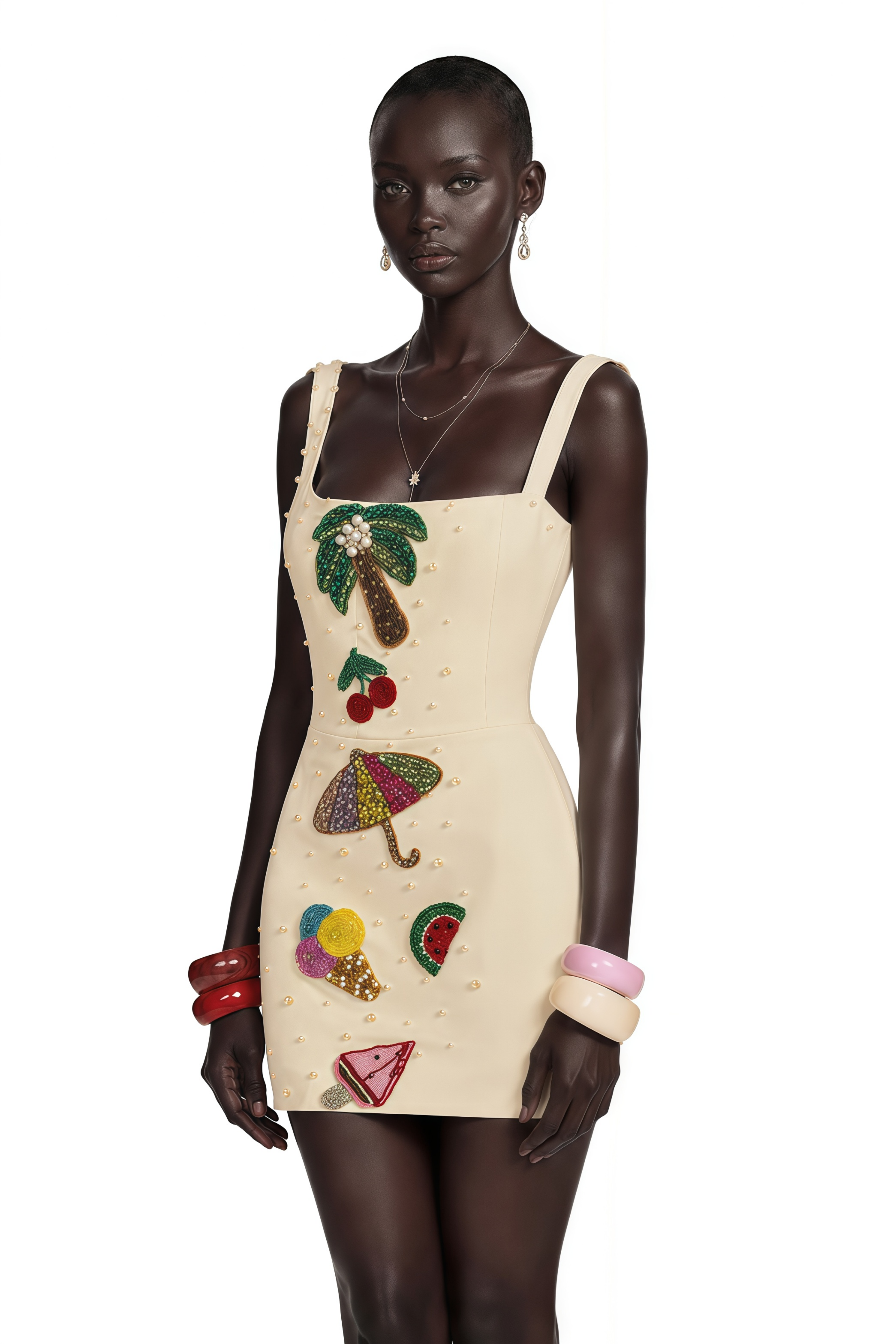 Sylvie Beige Embellished Mini Dress
