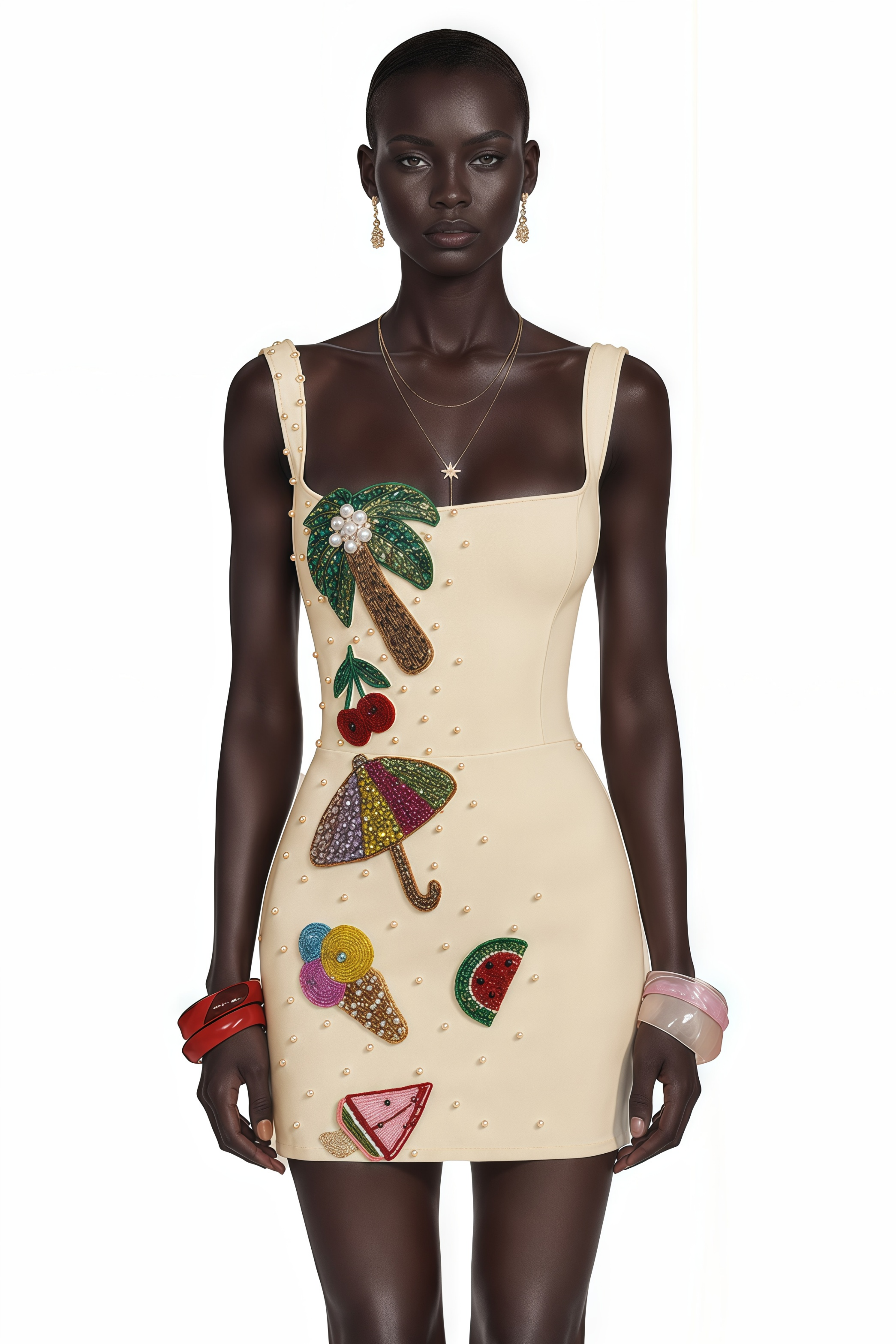 Sylvie Beige Embellished Mini Dress