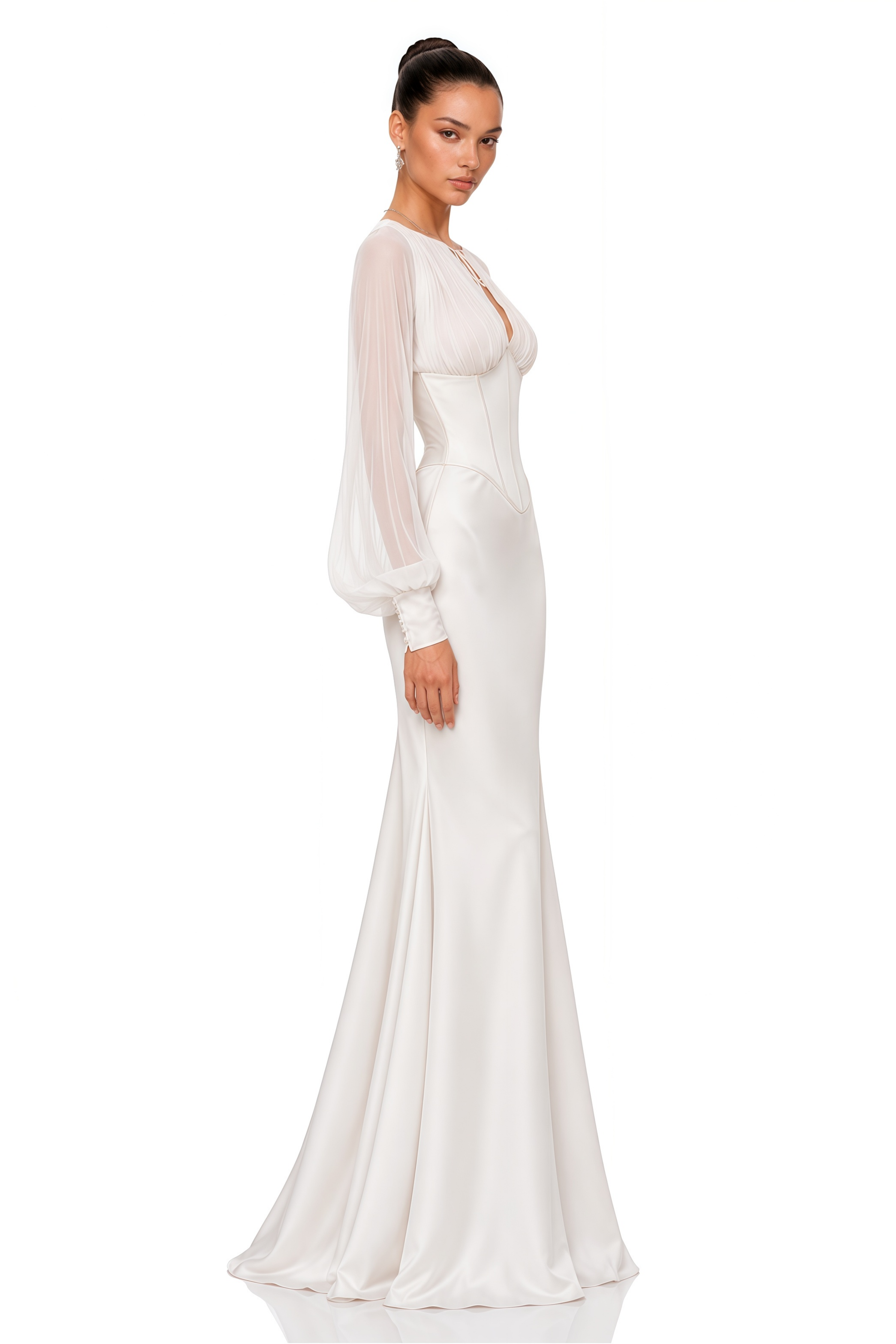 Sylvie White Gathered Long Sleeve Blouse & Mermaid Skirt Set