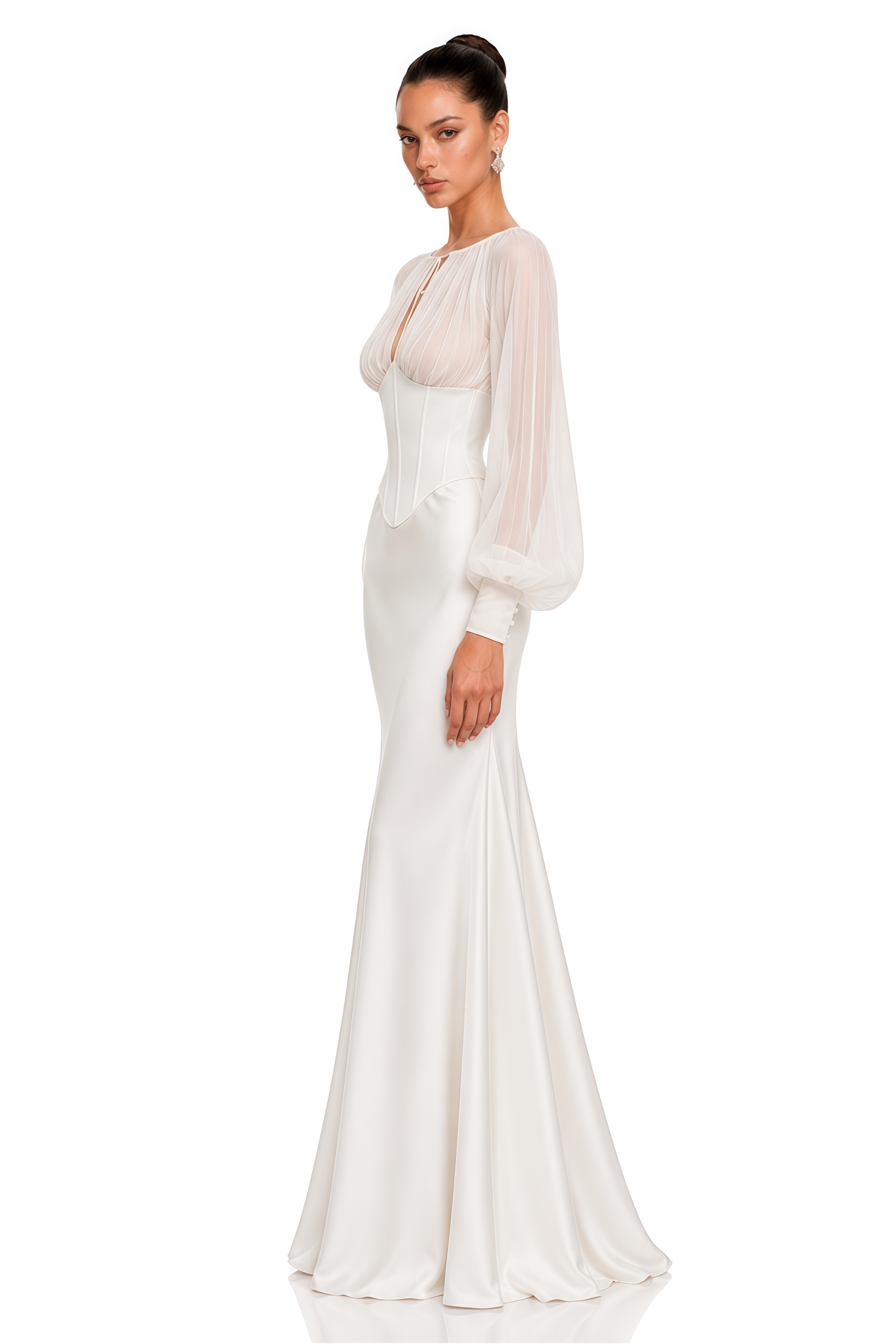 Sylvie White Gathered Long Sleeve Blouse & Mermaid Skirt Set