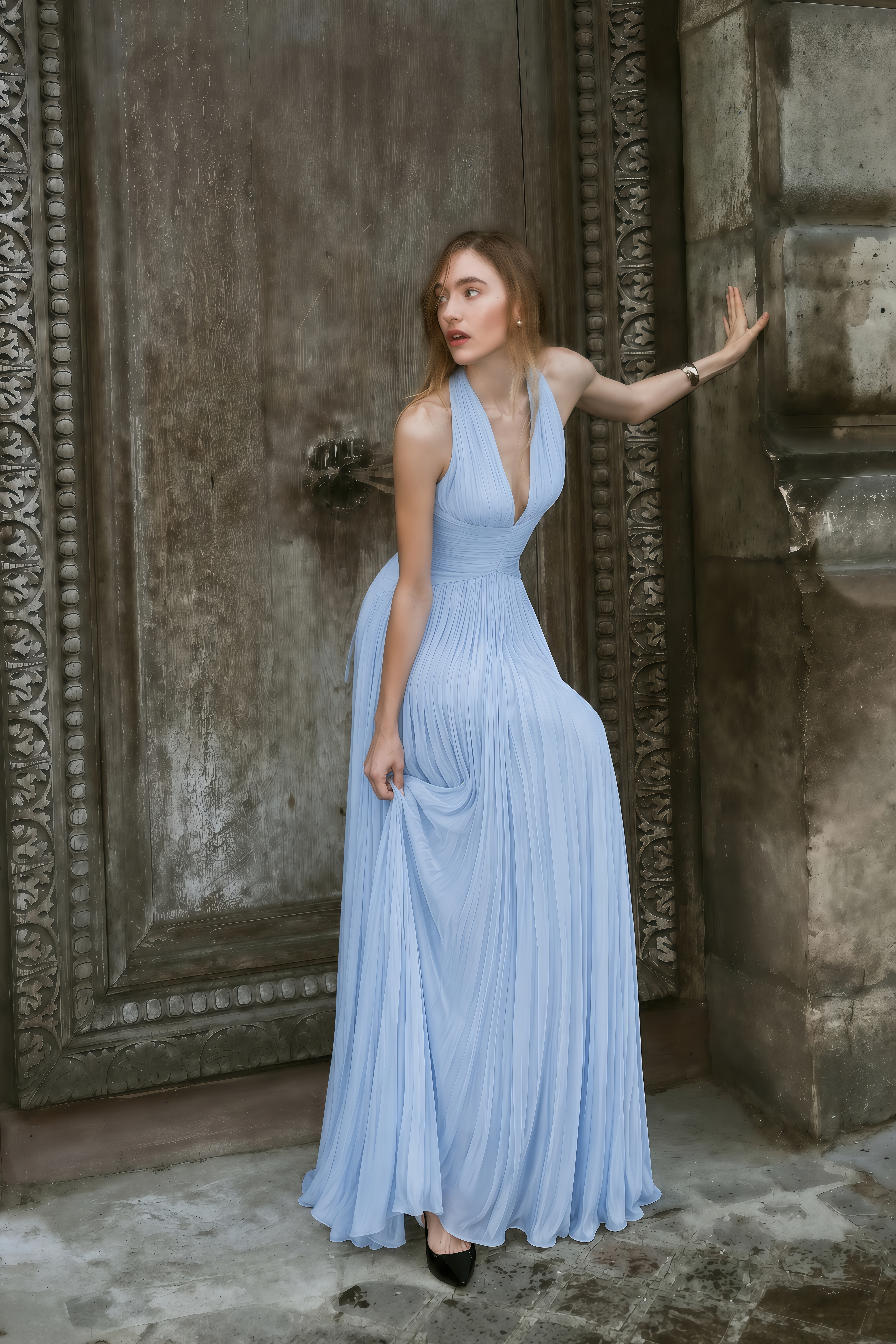 Térébenthine Blue Glossy Gathered Maxi Dress