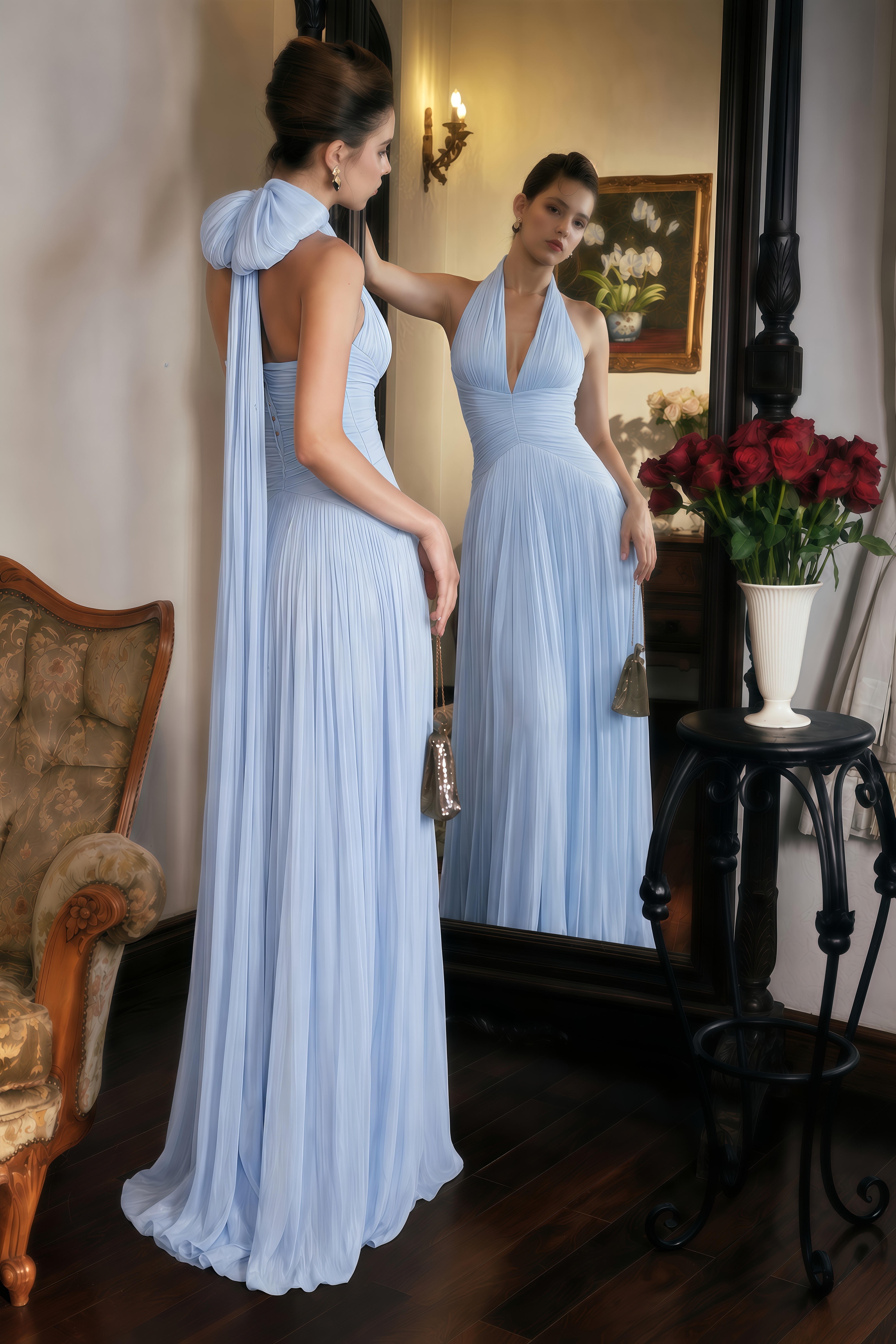 Térébenthine Blue Glossy Gathered Maxi Dress