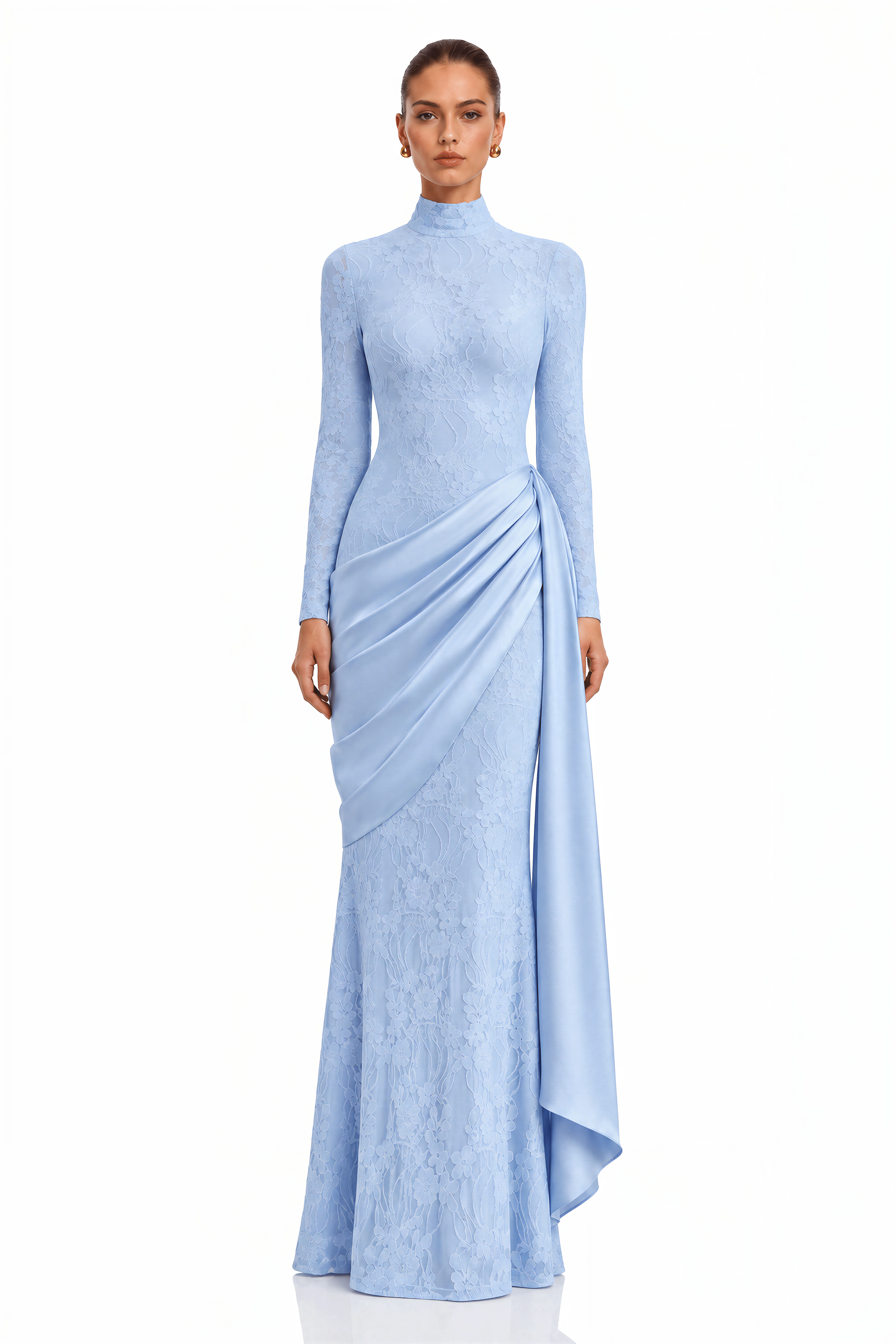blue ruched long sleeve dress Tabeer High Neck Lace Maxi – Miss Rosier Light Yellow long sleeves Lady Gaga Surprises on Size:Medium (96cm) / Long