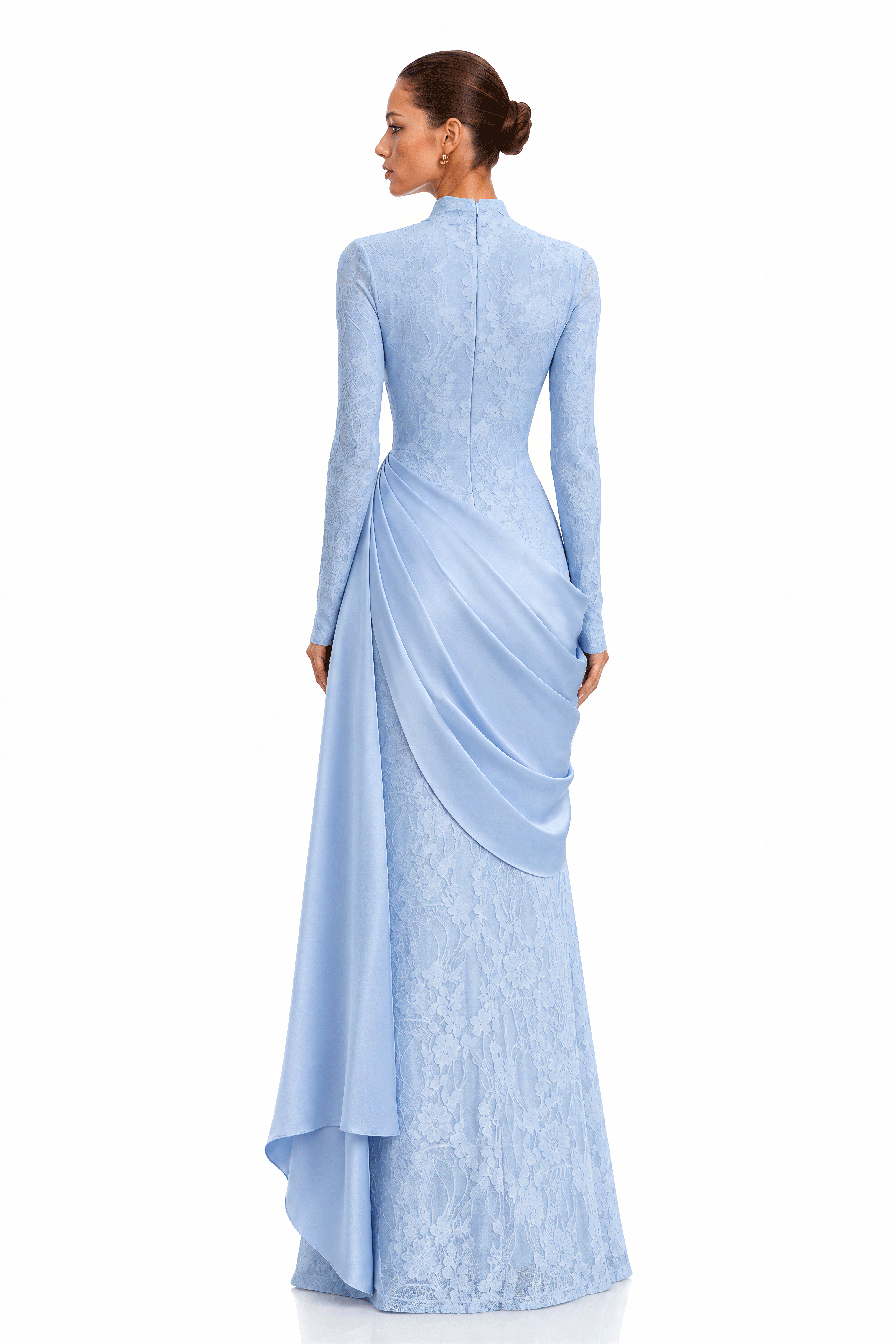 Tabeer Blue High Neck Long Sleeve Ruched Lace Maxi Dress