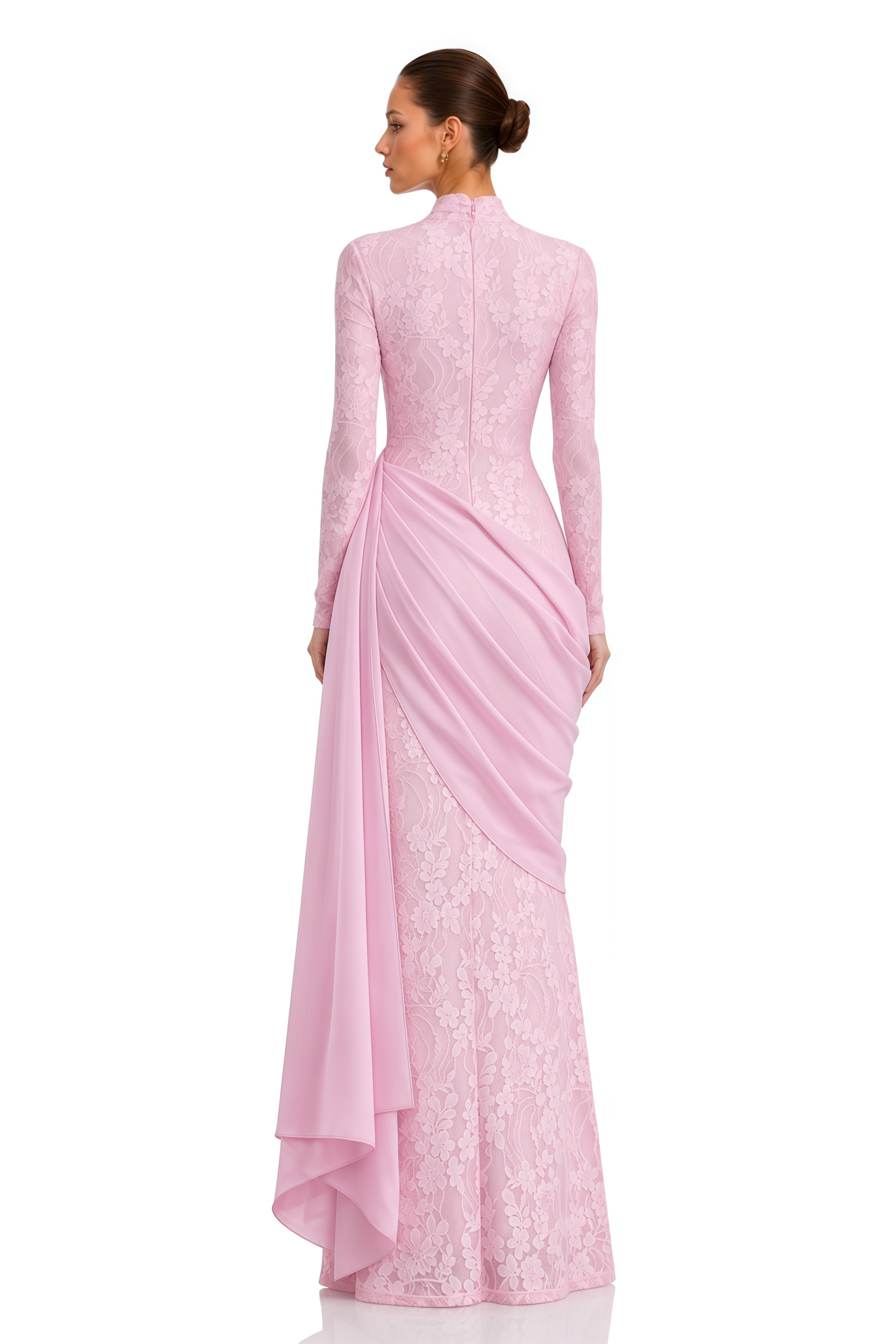 Tabeer Pink High Neck Long Sleeve Ruched Lace Maxi Dress