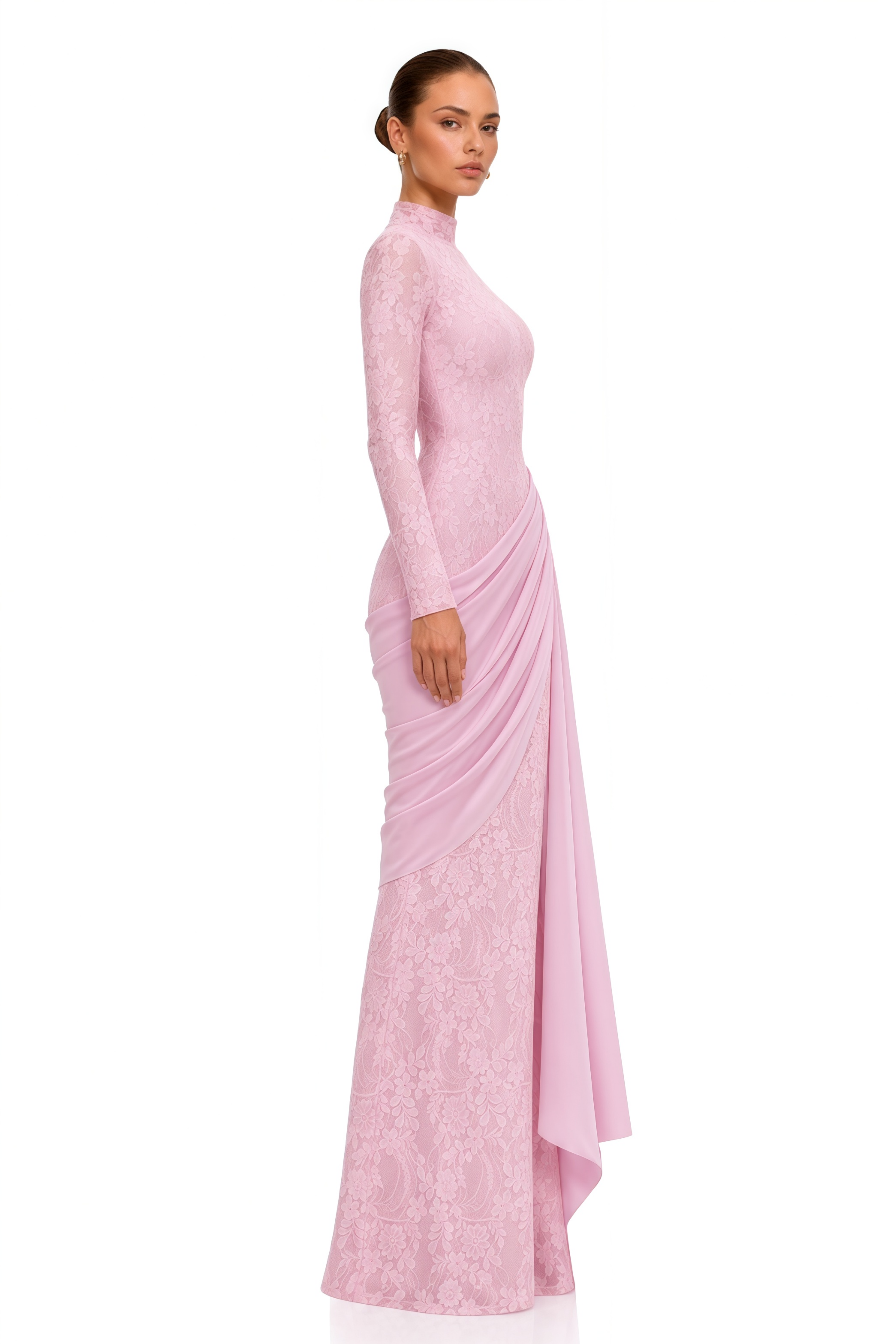 Tabeer Pink High Neck Long Sleeve Ruched Lace Maxi Dress
