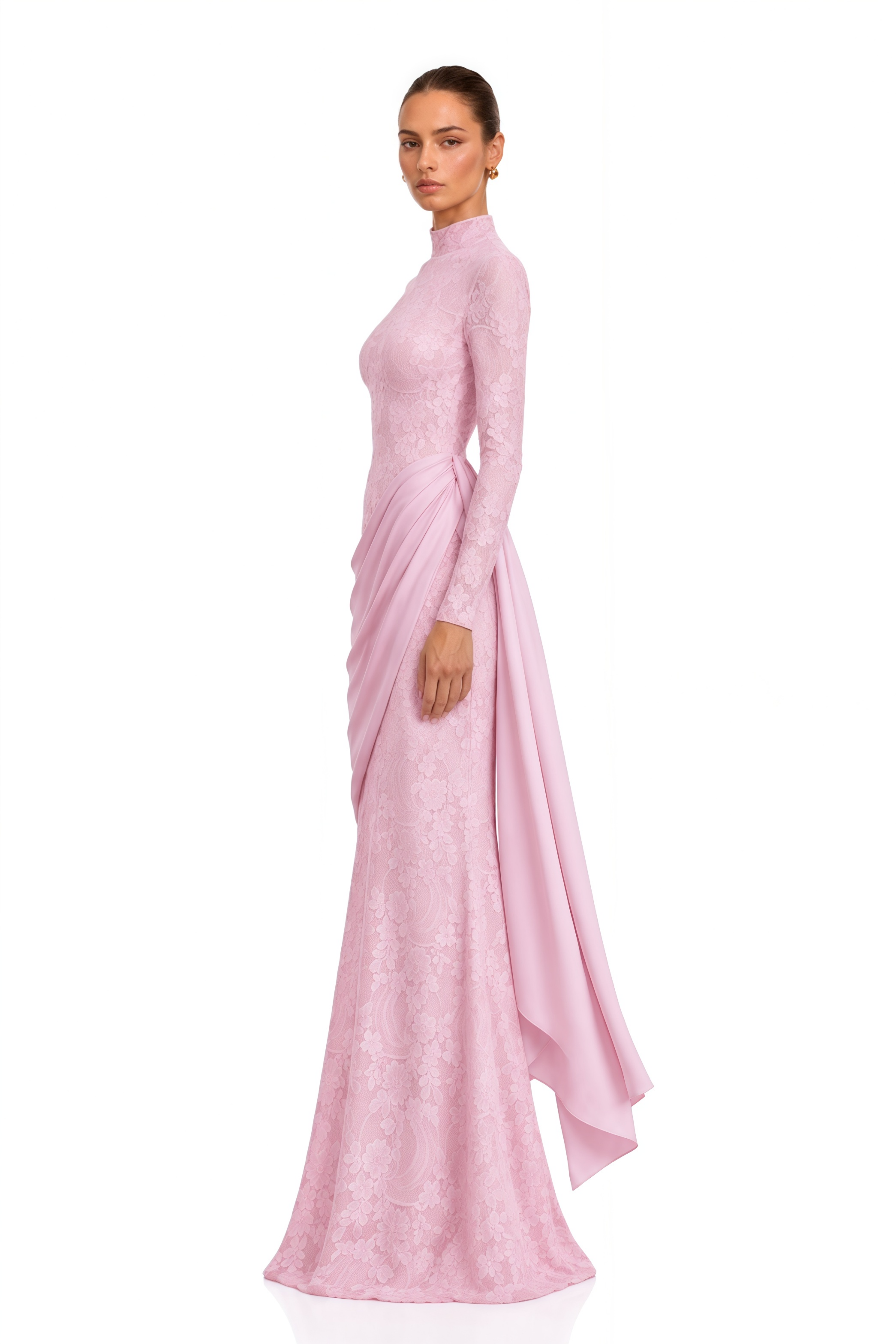 Tabeer Pink High Neck Long Sleeve Ruched Lace Maxi Dress