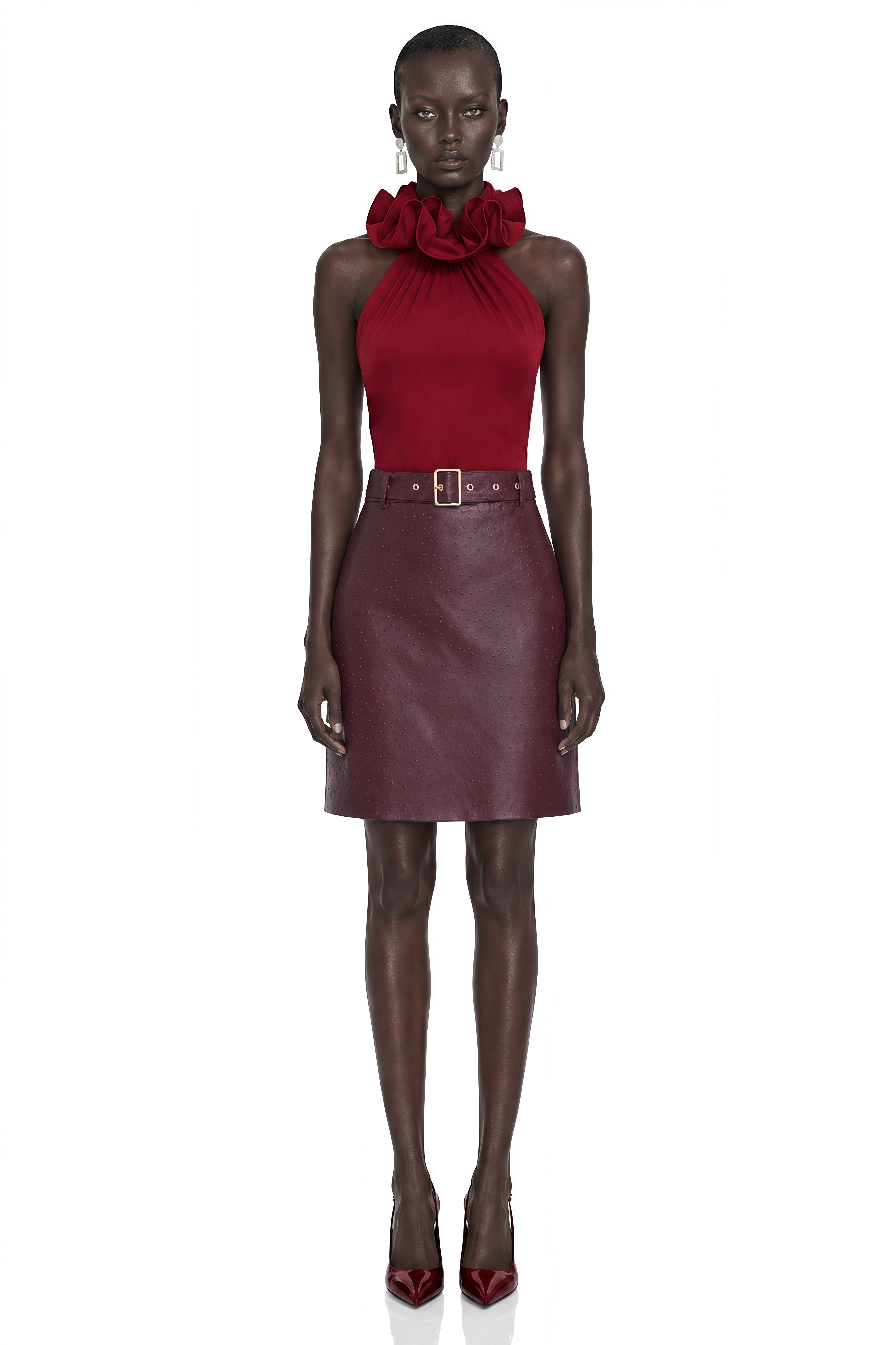 Tahlia Burgundy Halterneck Ruffle Top & Skirt Set