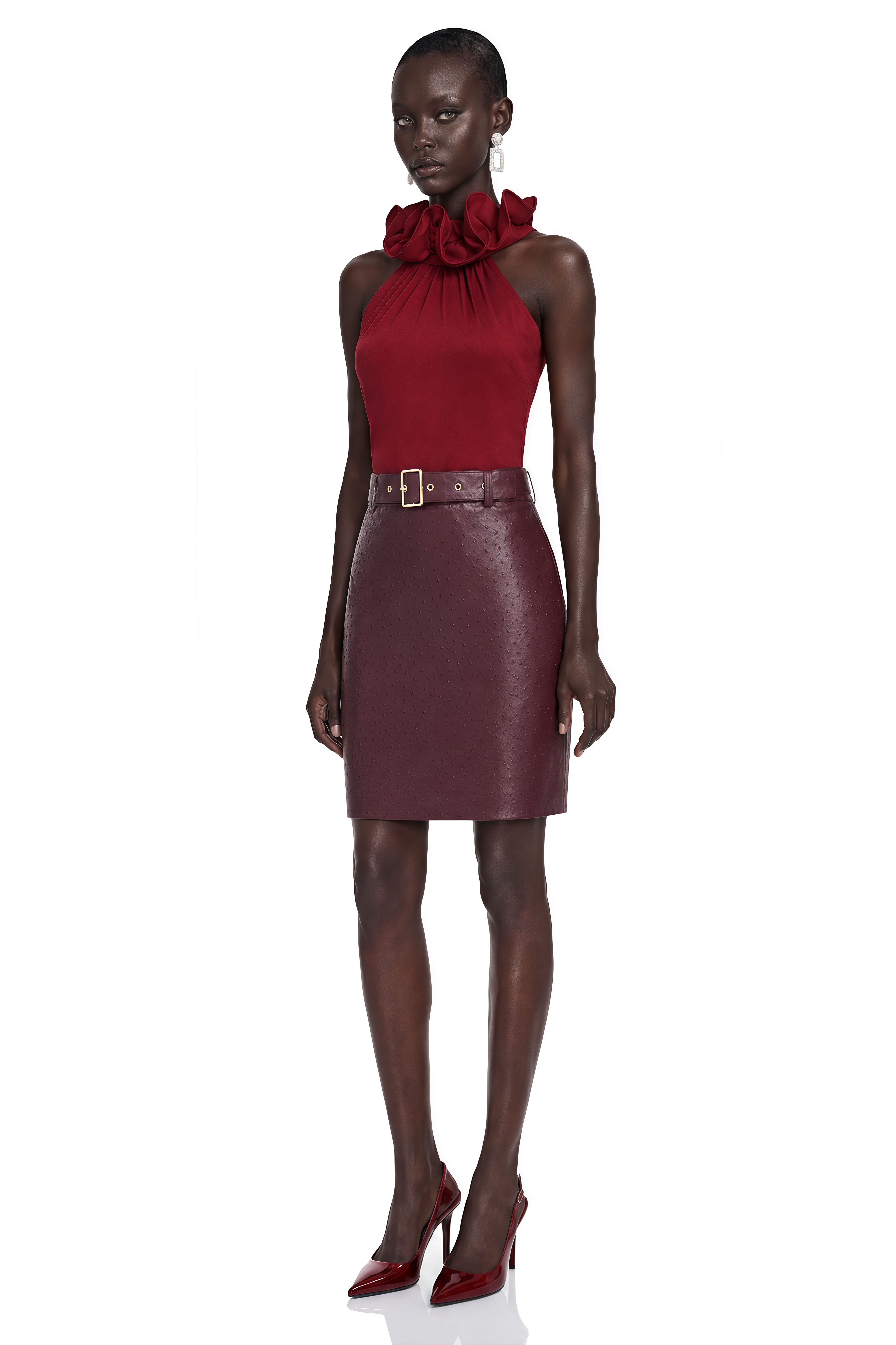 Tahlia Burgundy Halterneck Ruffle Top & Skirt Set