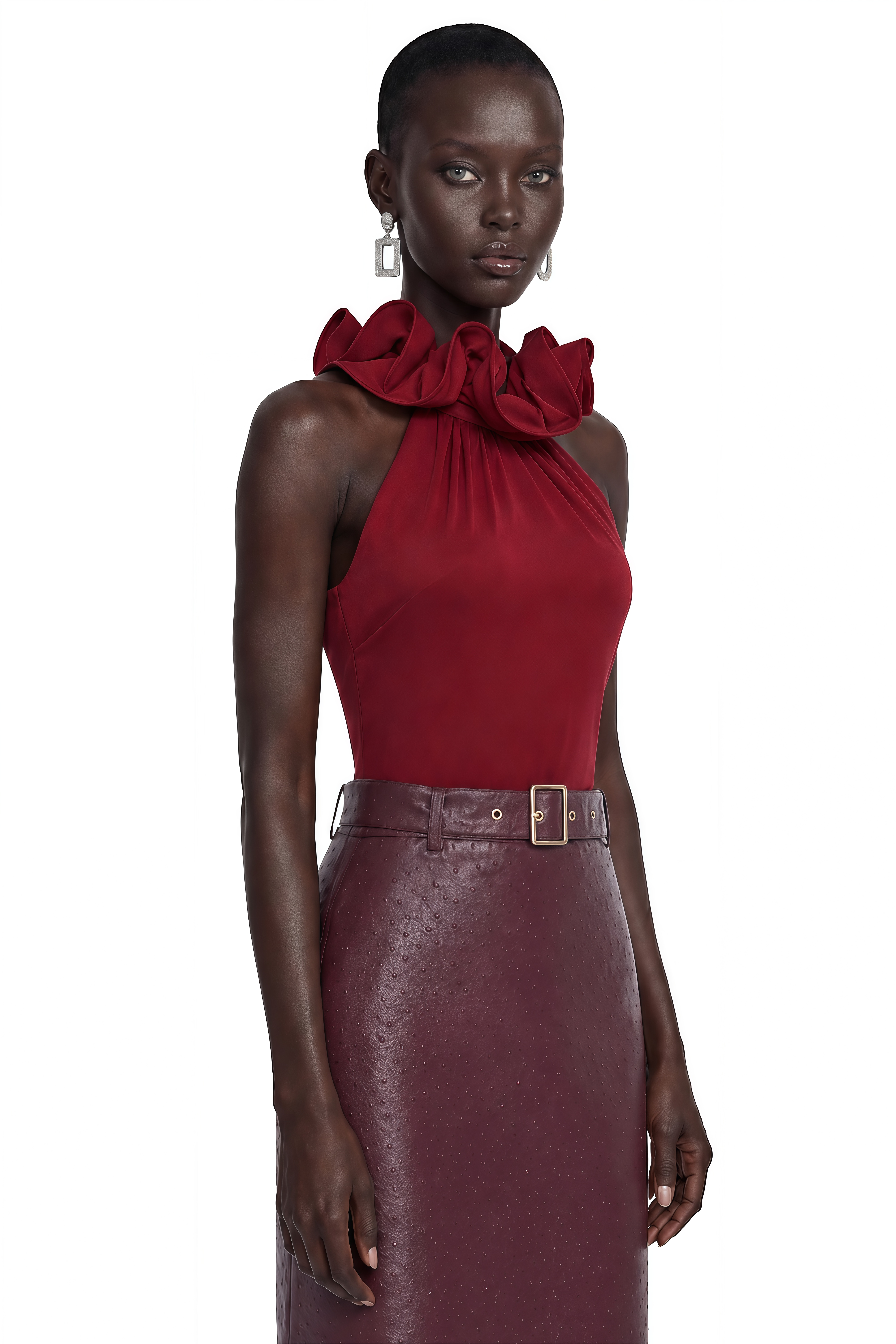 Tahlia Burgundy Halterneck Ruffle Top & Skirt Set
