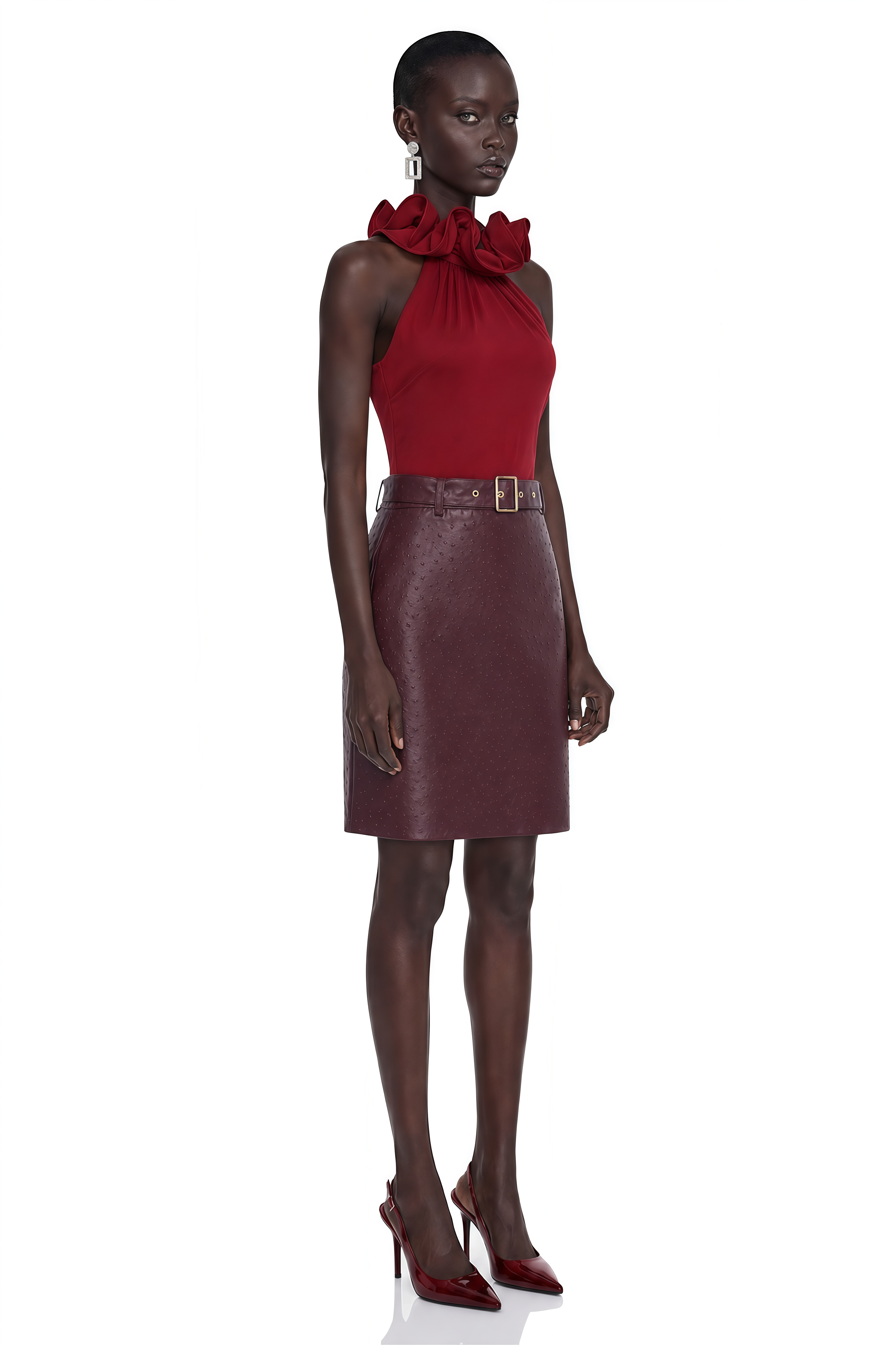 Tahlia Burgundy Halterneck Ruffle Top & Skirt Set