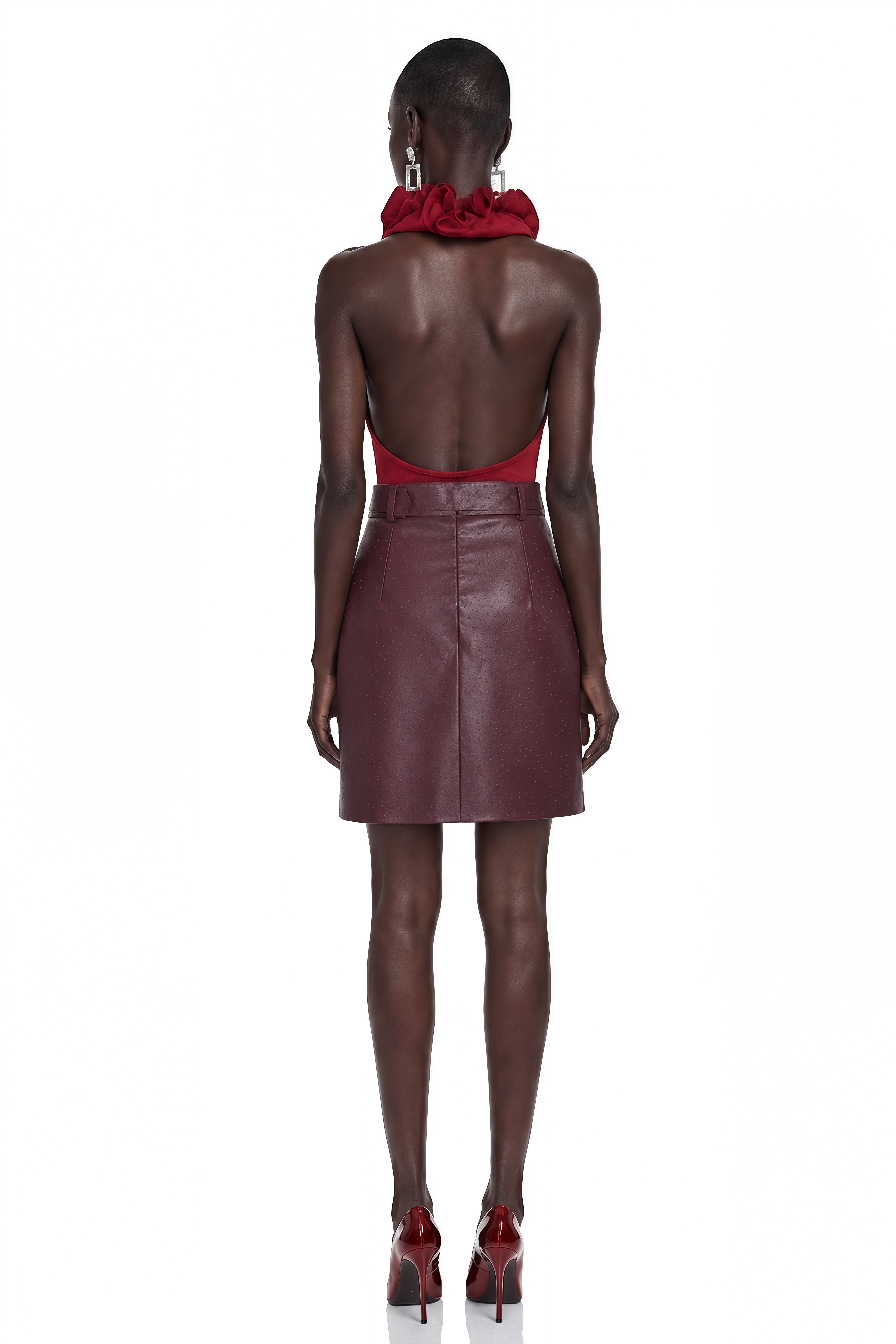Tahlia Burgundy Halterneck Ruffle Top & Skirt Set