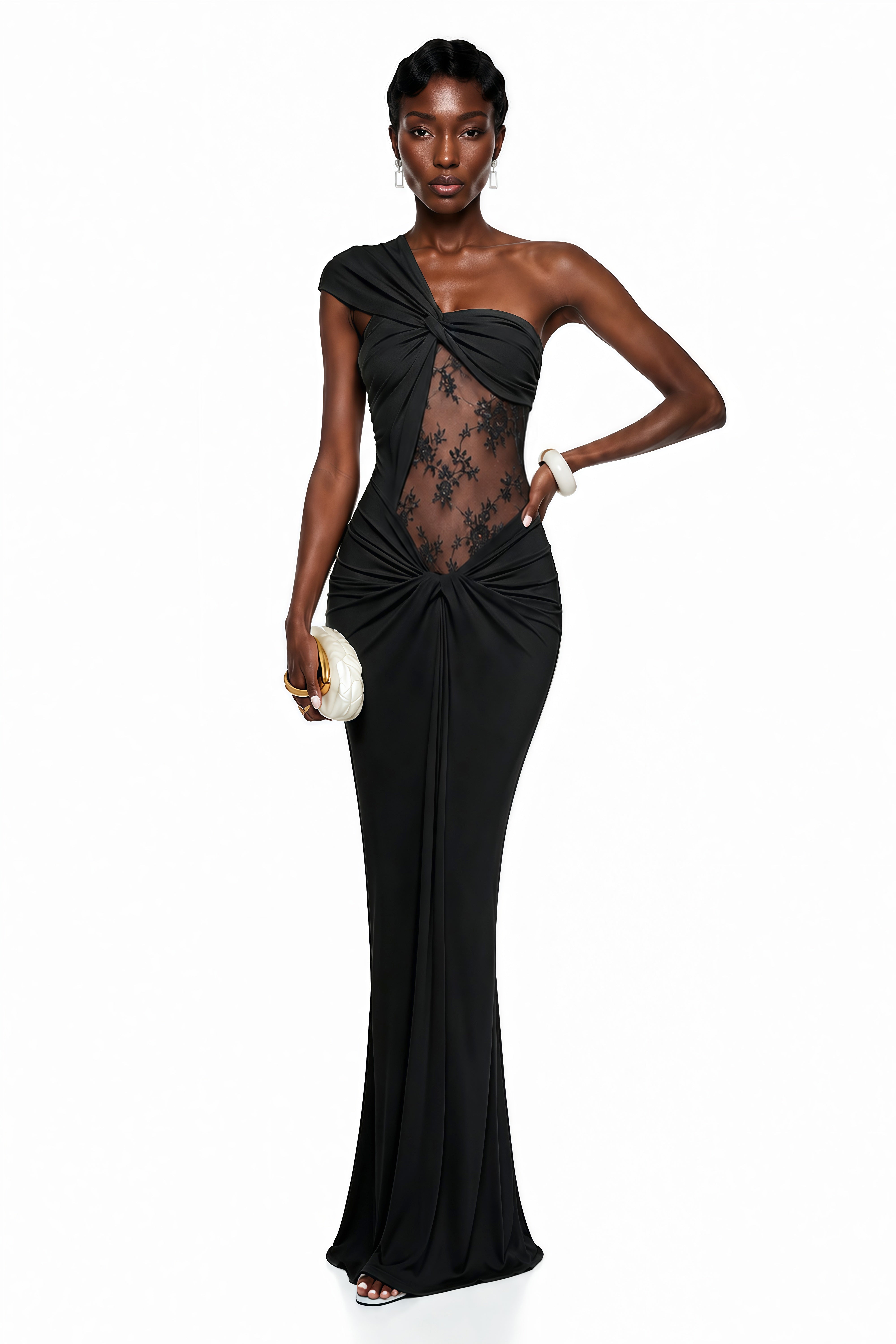 Black one-shoulder gown with cutouts and an embroidered sheer lace panel