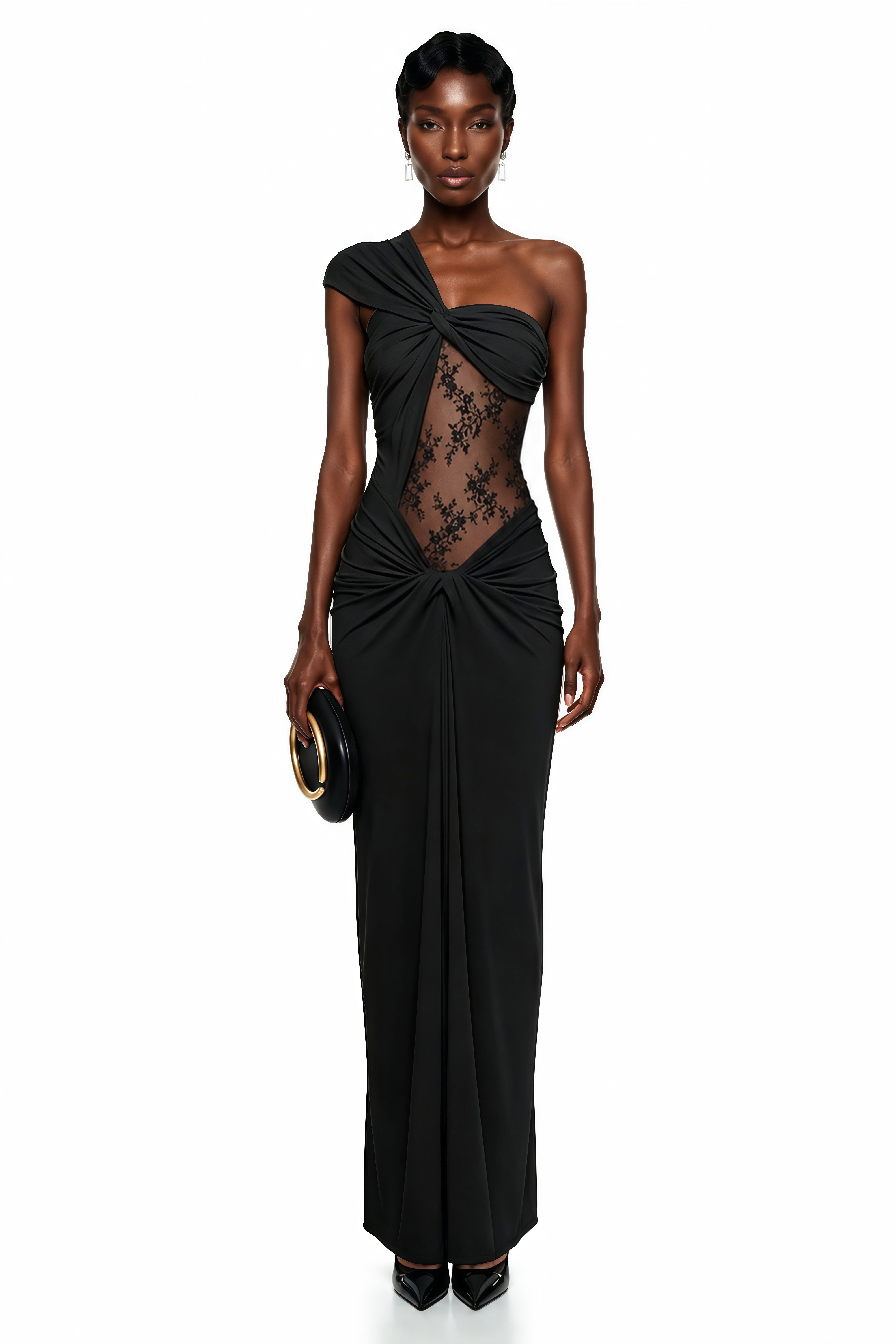 Black one-shoulder gown with cutouts and an embroidered sheer lace panel