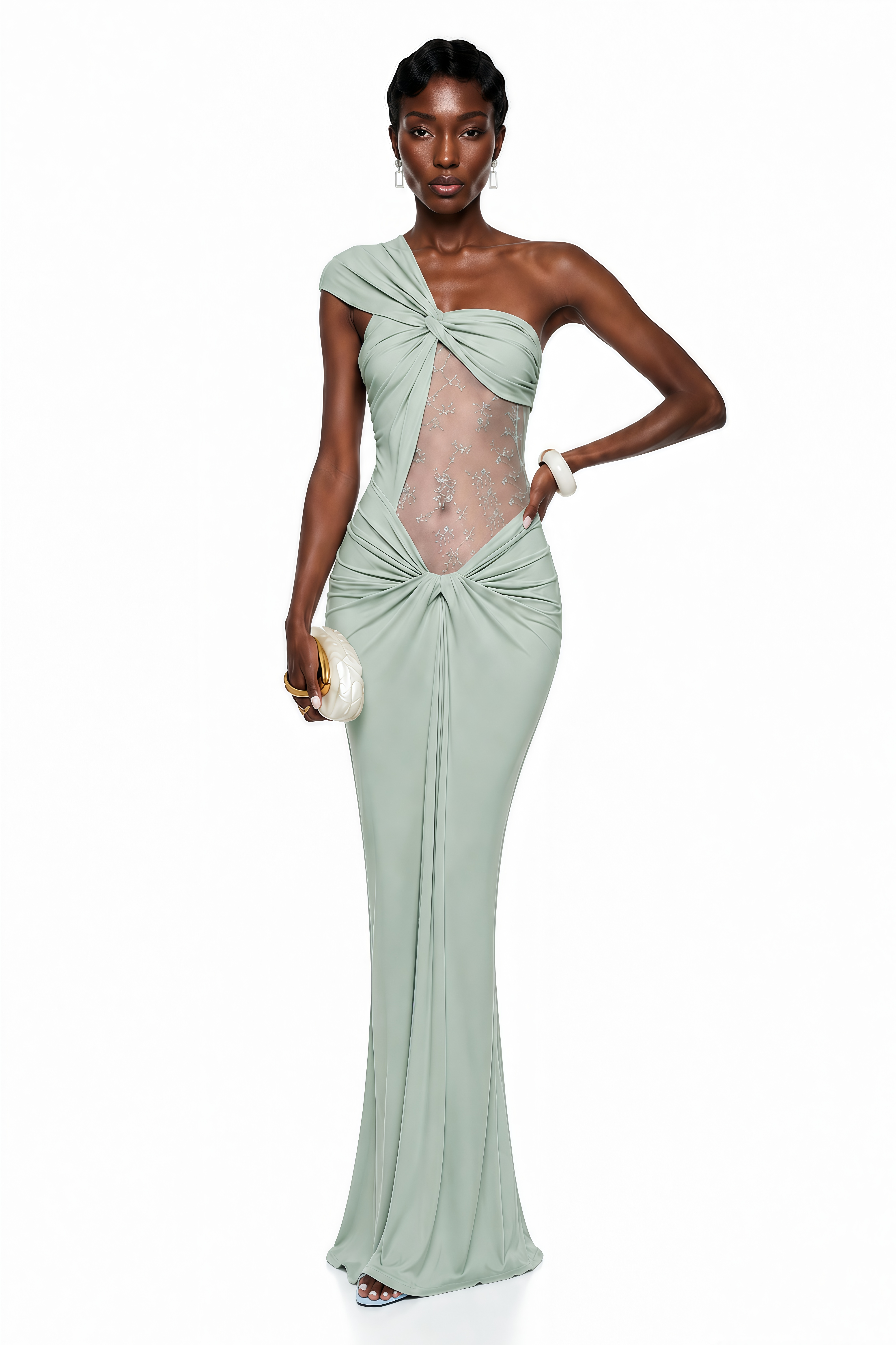 Sage green one-shoulder gown with a sheer embroidered bodice cutout