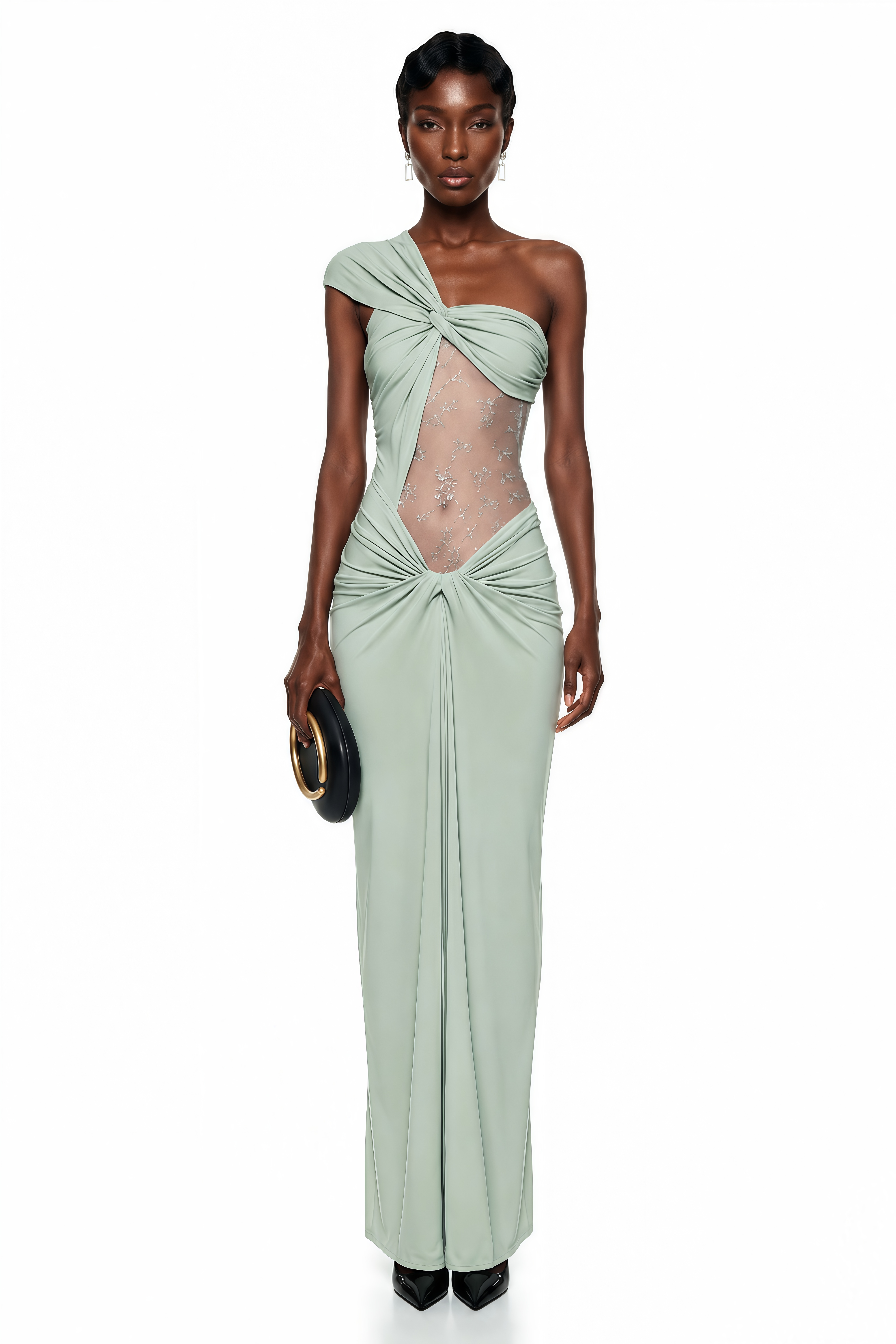 Sage green one-shoulder gown with a sheer embroidered bodice cutout