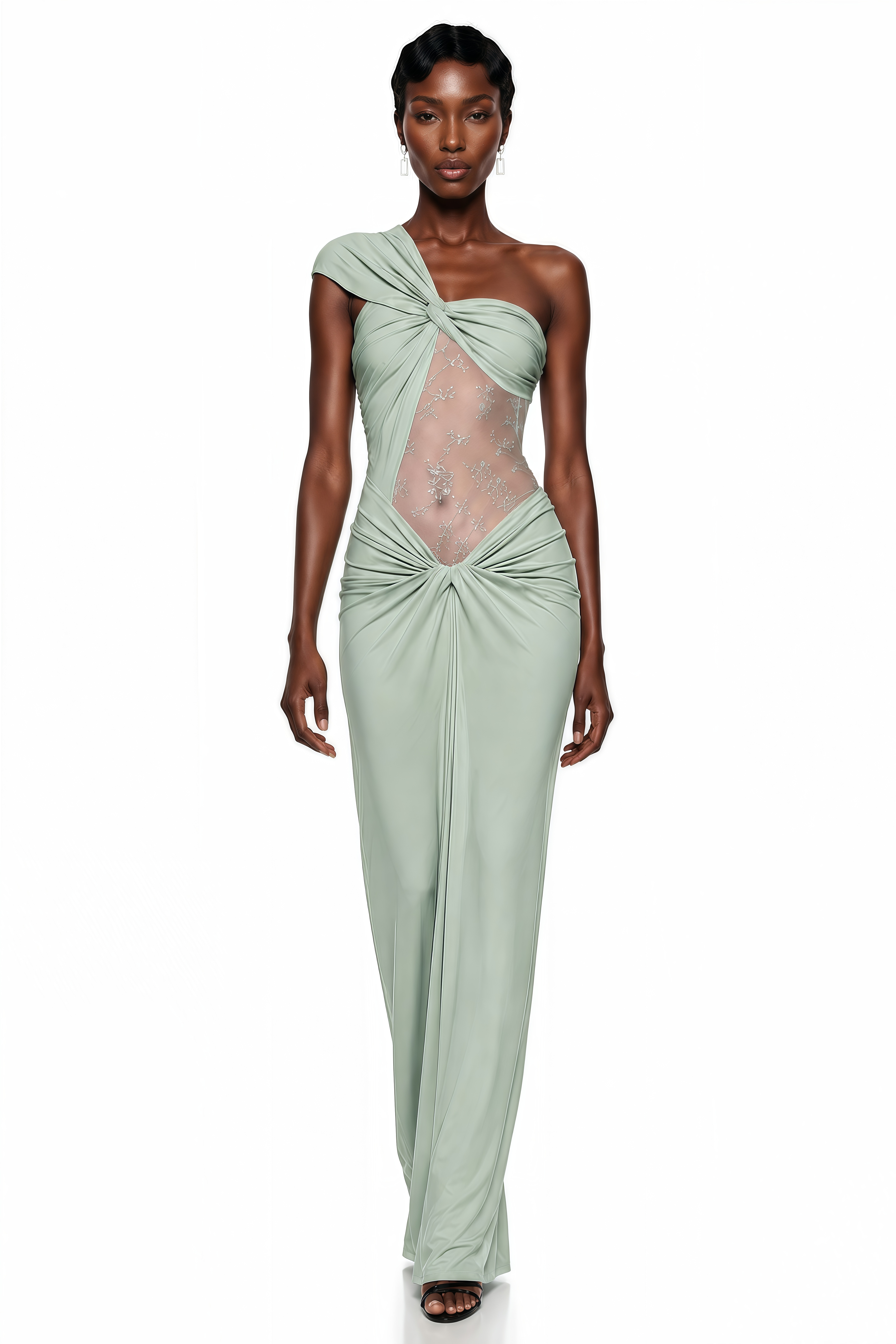 Sage green one-shoulder gown with a sheer embroidered bodice cutout