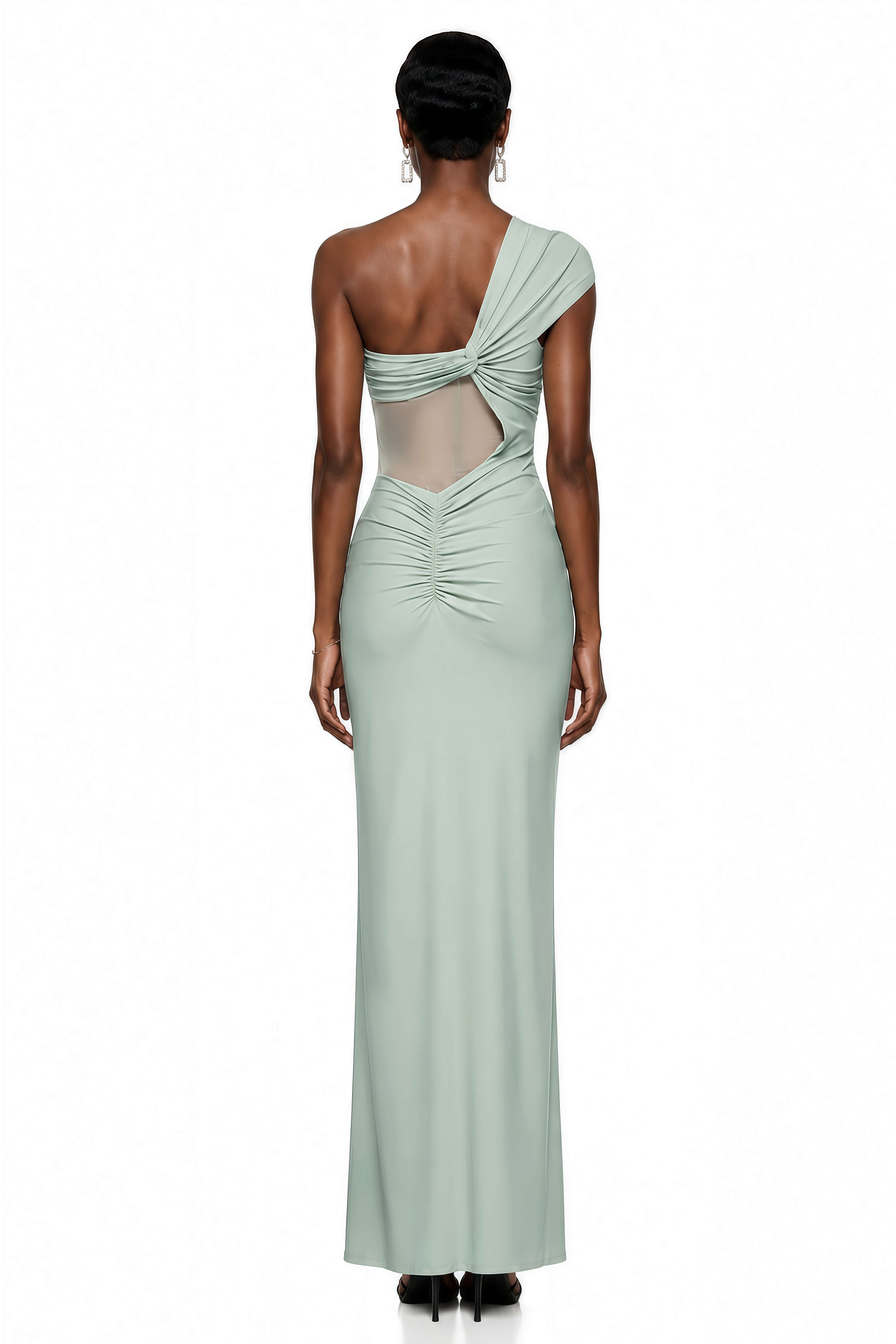 Sage green one-shoulder gown with a sheer embroidered bodice cutout