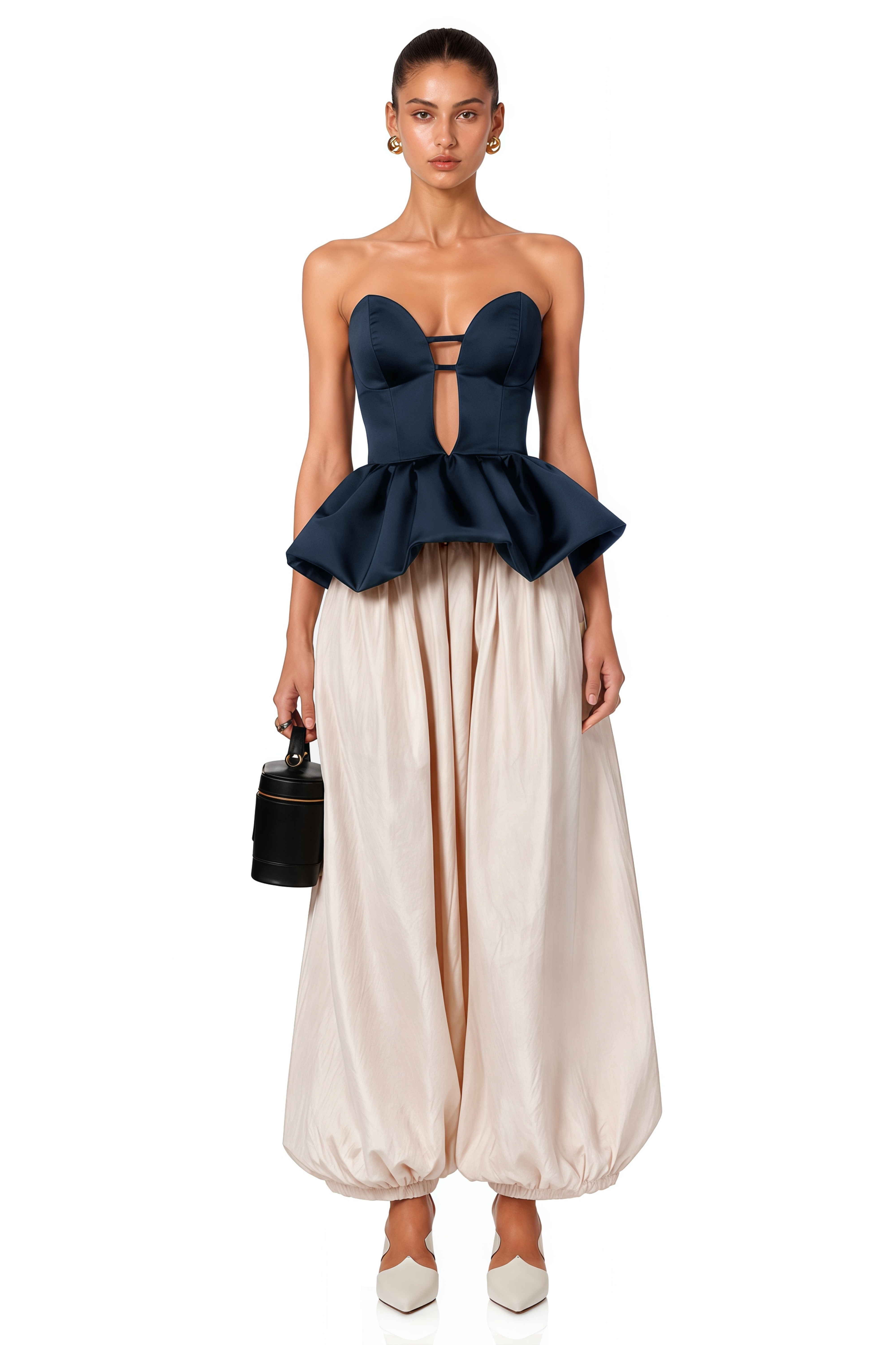 Navy strapless peplum bustier top and beige balloon trousers set