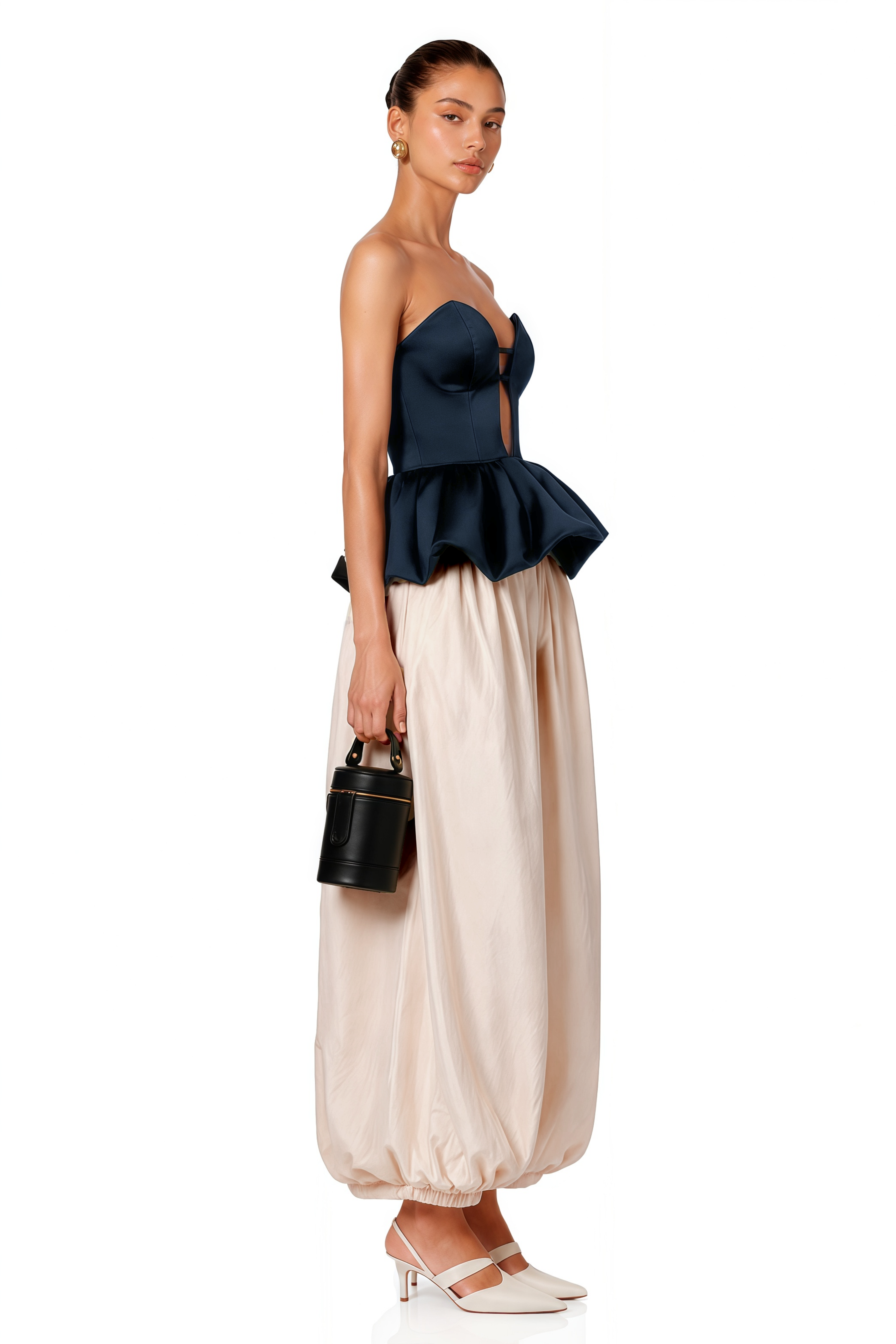 Navy strapless peplum bustier top and beige balloon trousers set