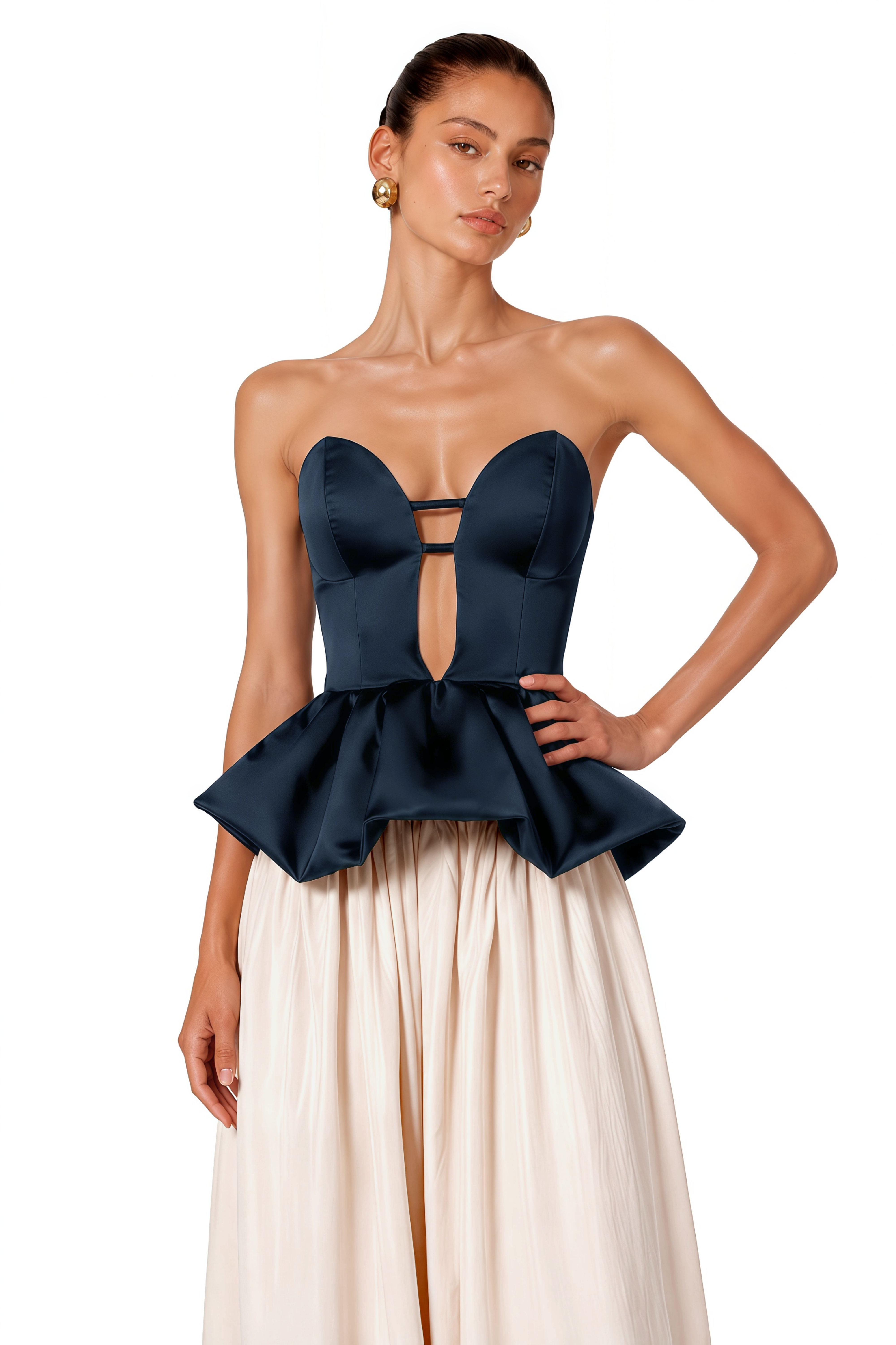 Navy strapless peplum bustier top and beige balloon trousers set