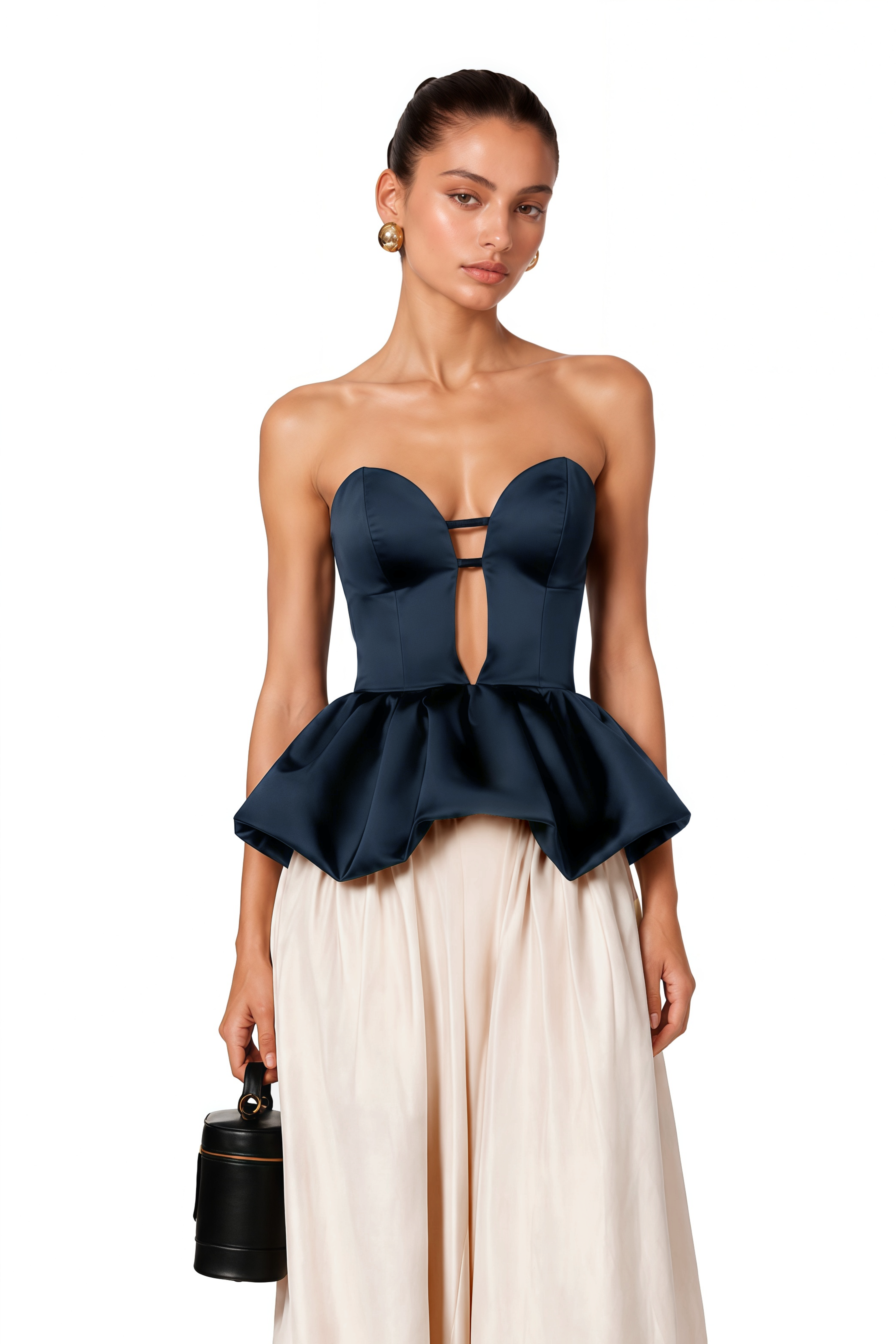 Navy strapless peplum bustier top and beige balloon trousers set