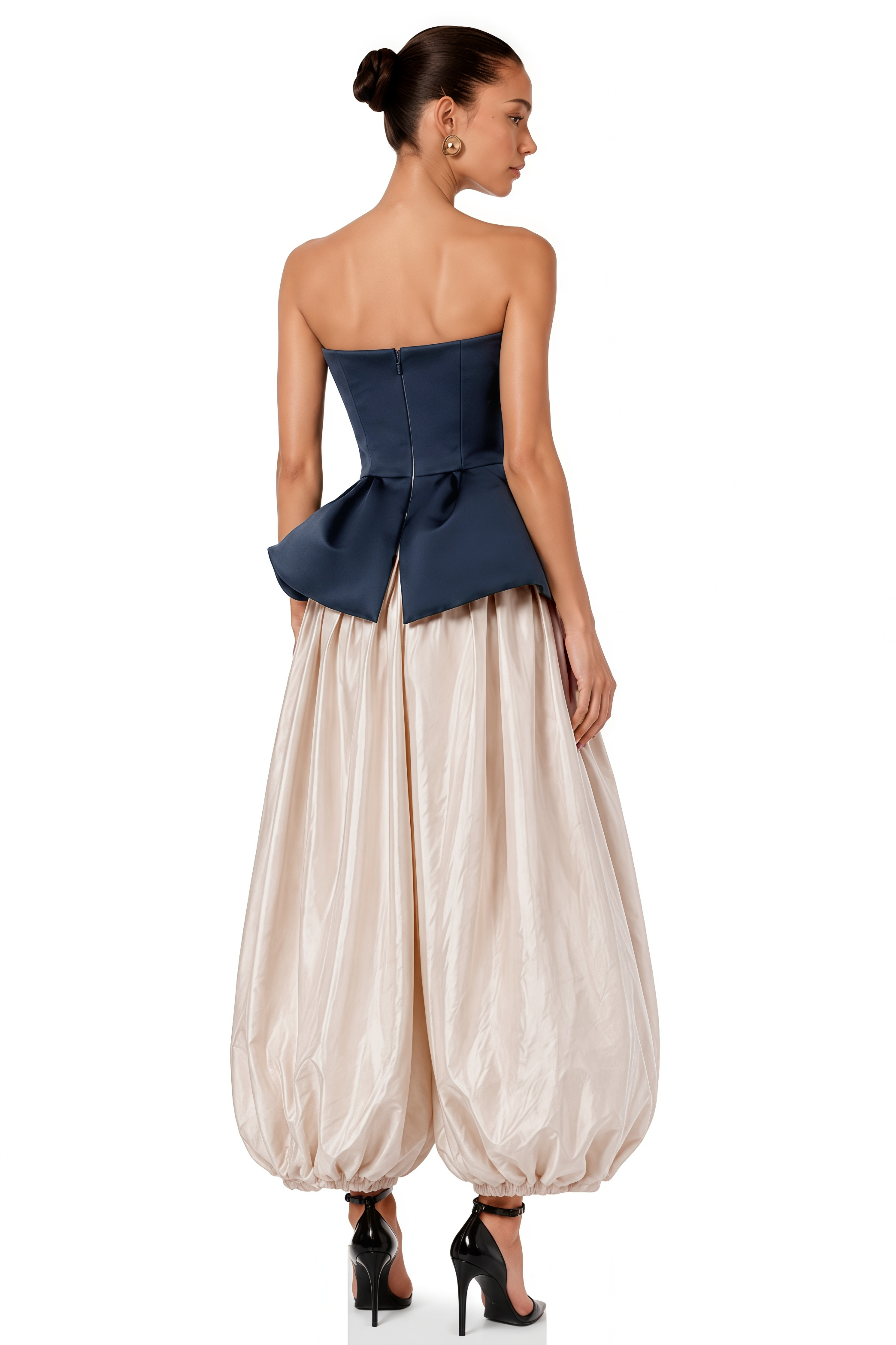 Navy strapless peplum bustier top and beige balloon trousers set