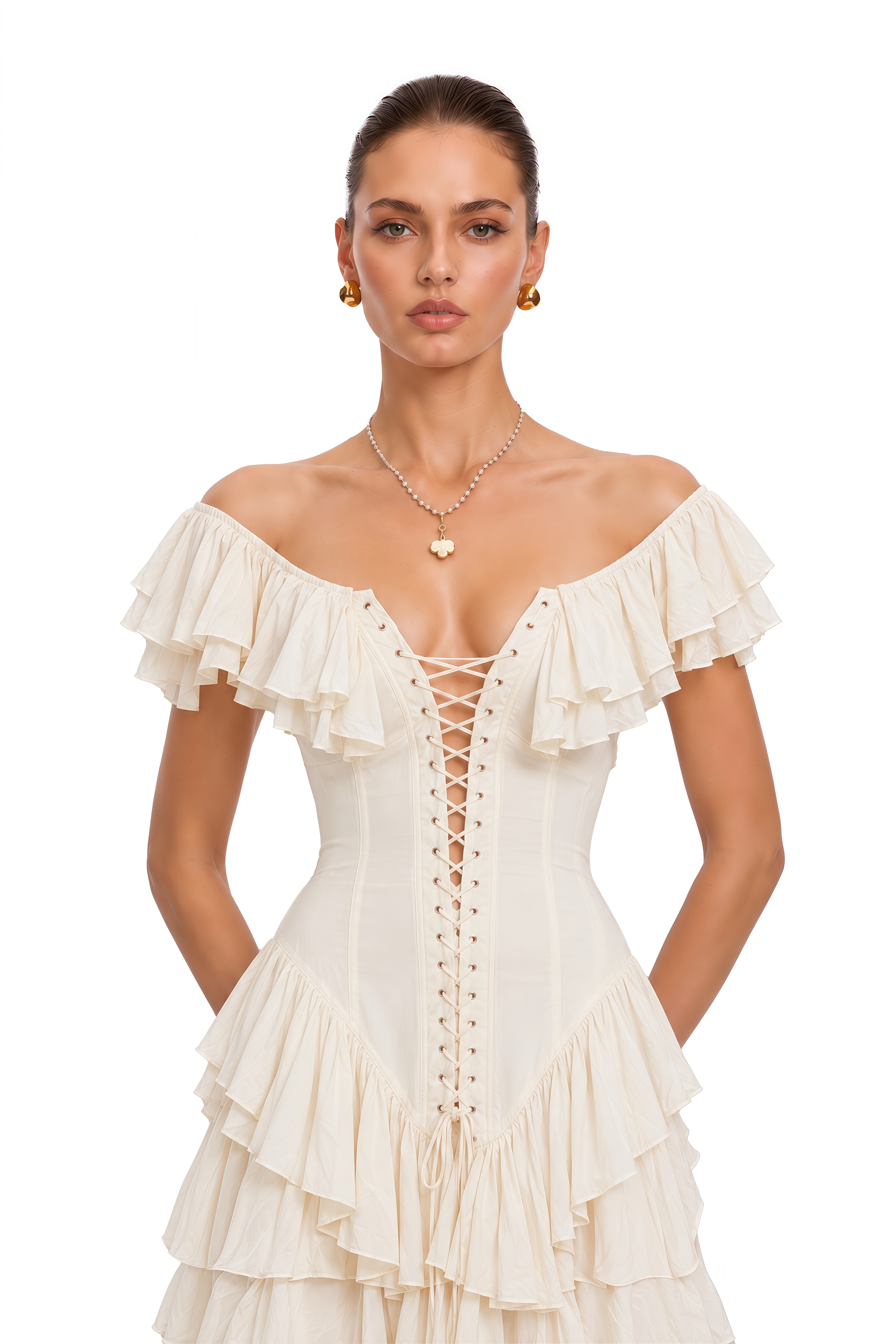 Tamsin Ivory Lace-Up Tiered Ruffle Maxi Dress