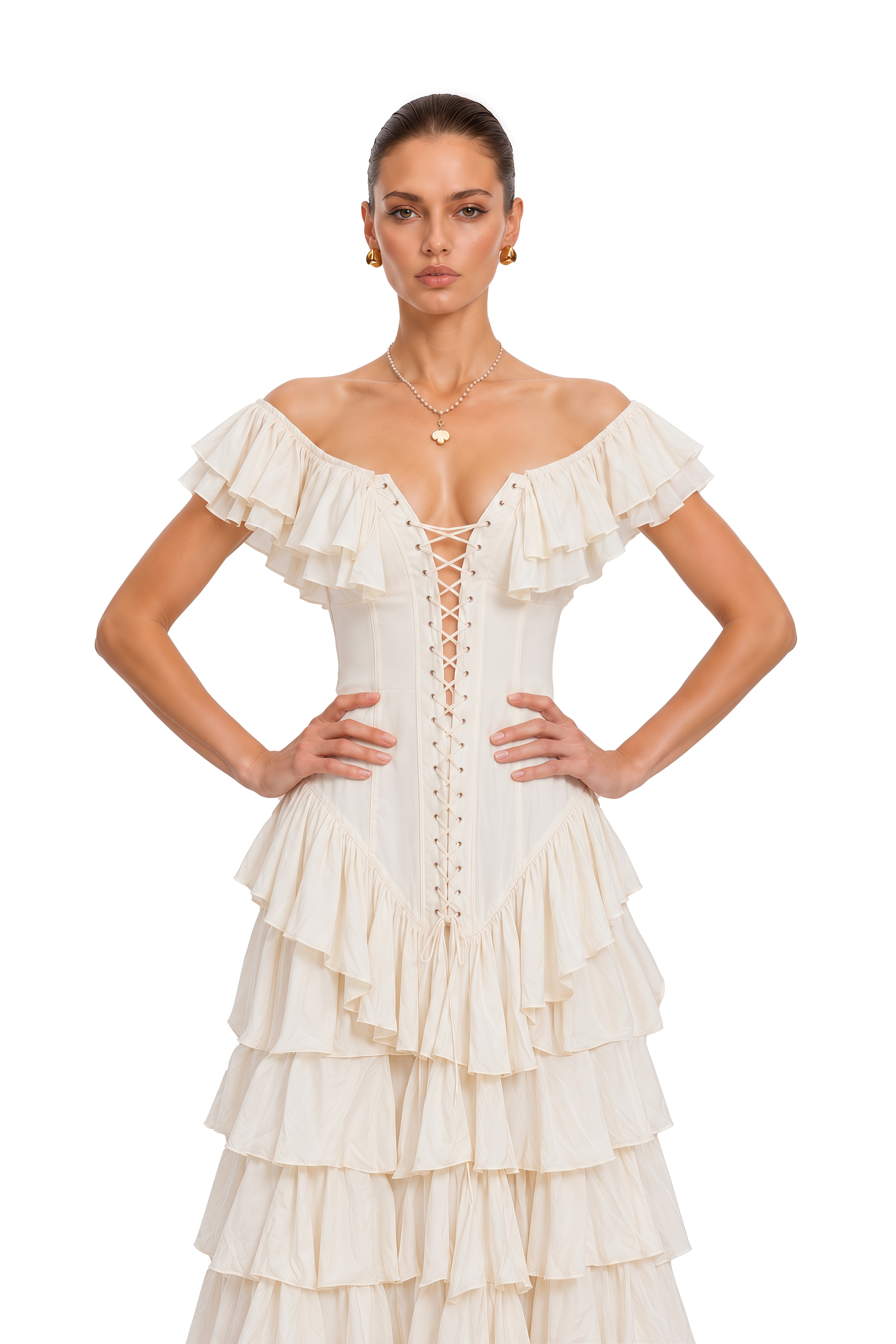 Tamsin Ivory Lace-Up Tiered Ruffle Maxi Dress